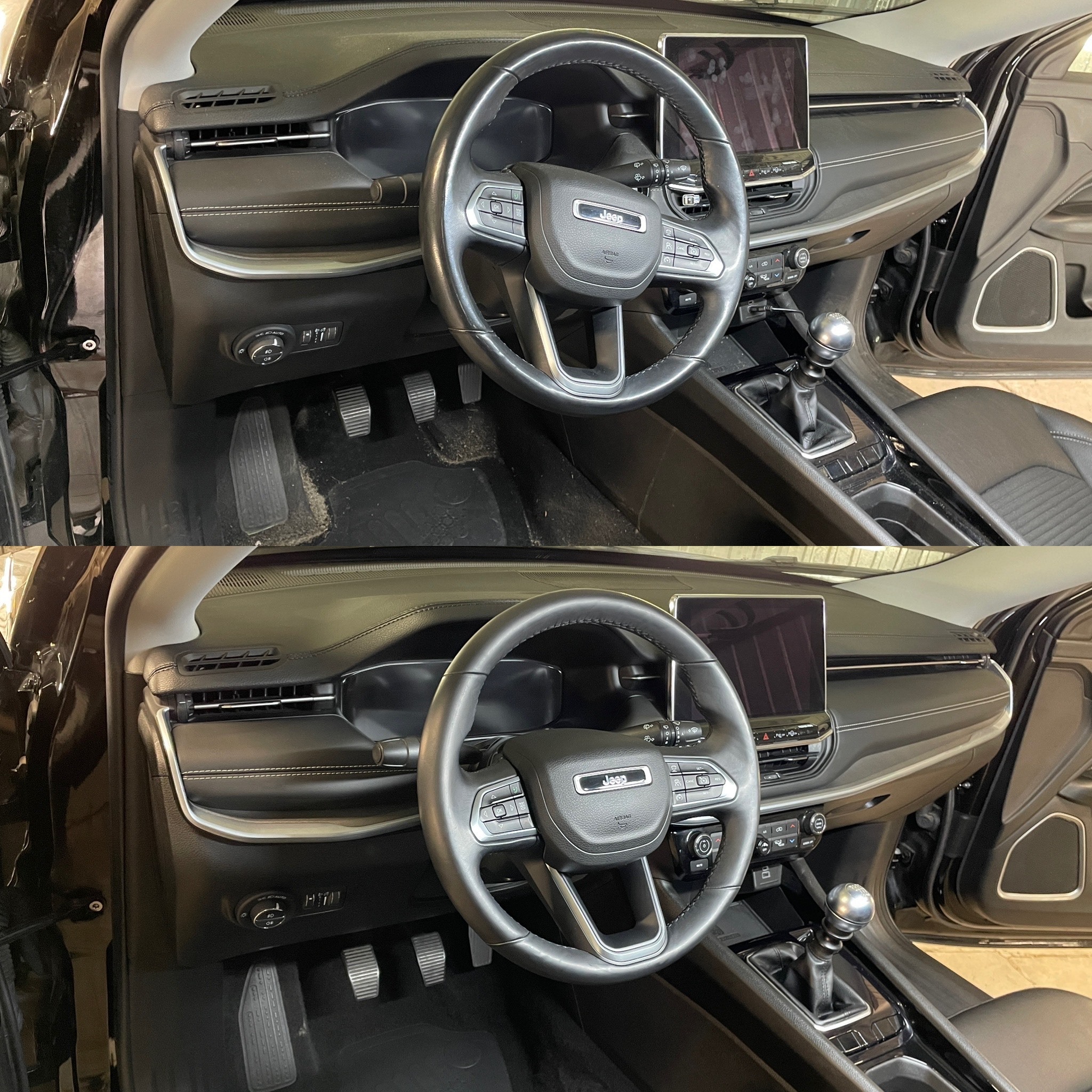 Czarny kokpit Jeepa Compass: porównanie przed i po czyszczeniu. Skórzana kierownica, deska rozdzielcza z przeszyciami, czyste dywaniki i pedały.
