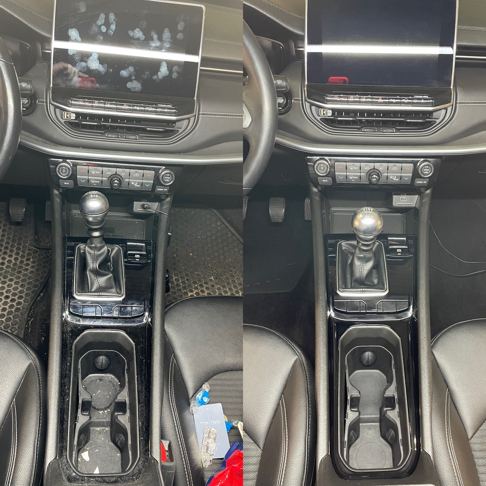 Auto przed i po czyszczeniu: brudny kokpit, konsola środkowa i ekran nawigacji vs. czysty, zadbany wnętrze. Widoczna różnica w detalu.