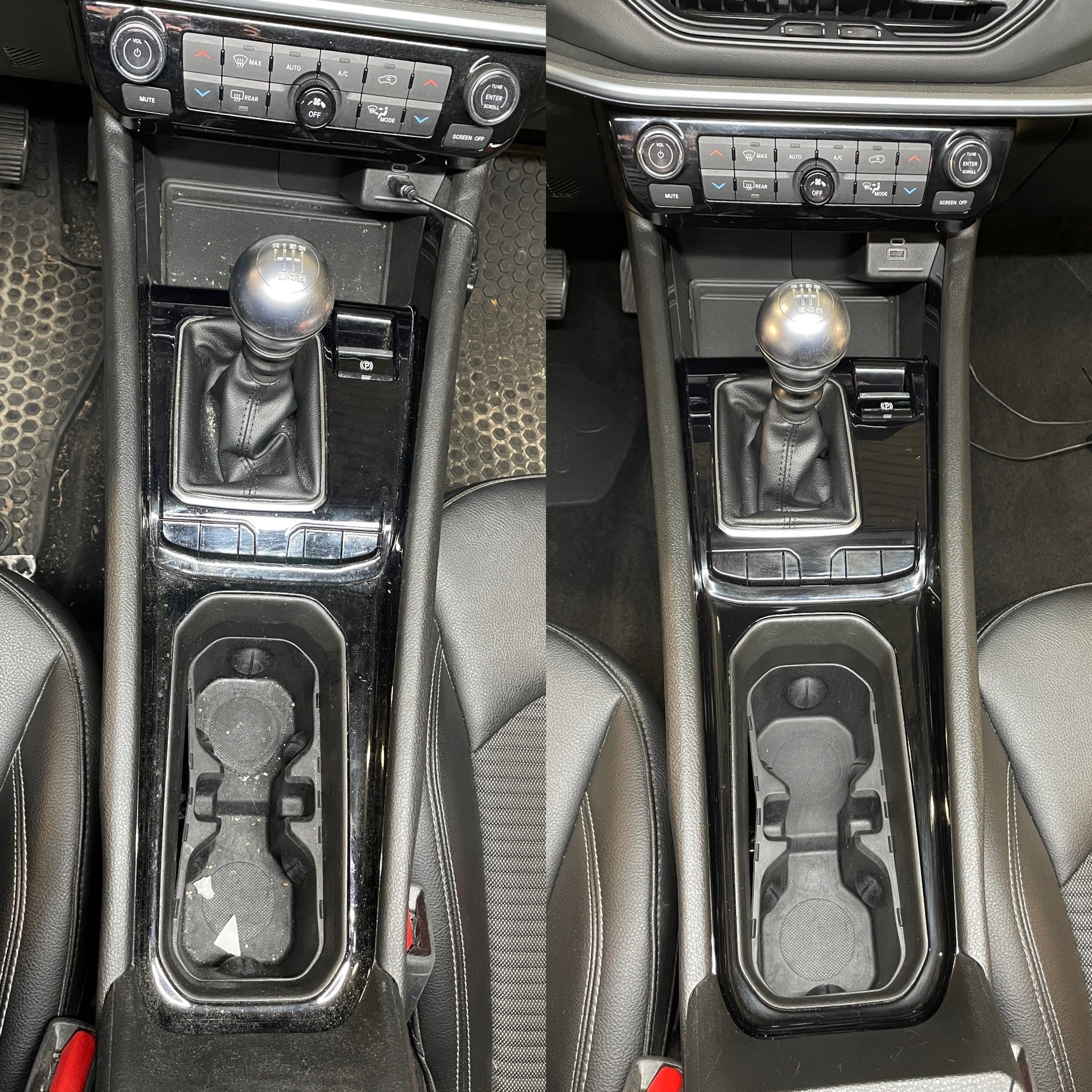 Zdjęcie 'przed i po' czyszczenia konsoli środkowej w samochodzie. Widoczna brudna konsola przed czyszczeniem i czysta po zabiegu. Skupienie na uchwycie na napoje i dźwigni zmiany biegów.