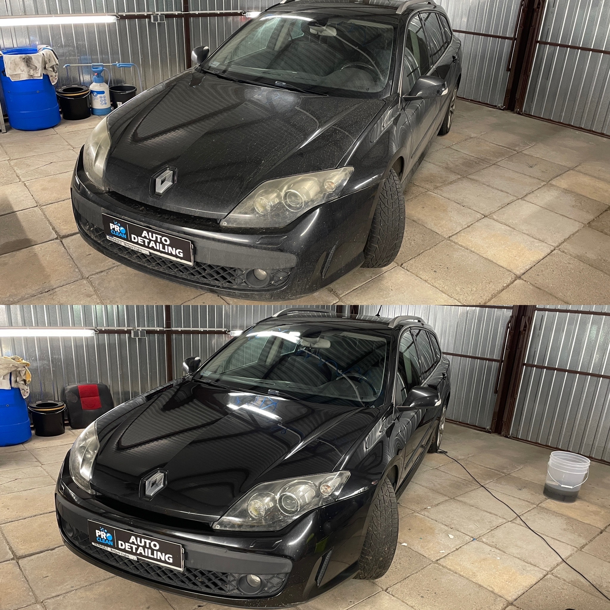 Czarny samochód kombi Renault Laguna przed i po detailingu. Górna połowa pokazuje auto brudne, dolna po umyciu i woskowaniu, z błyszczącym lakierem. Widoczne logo firmy.