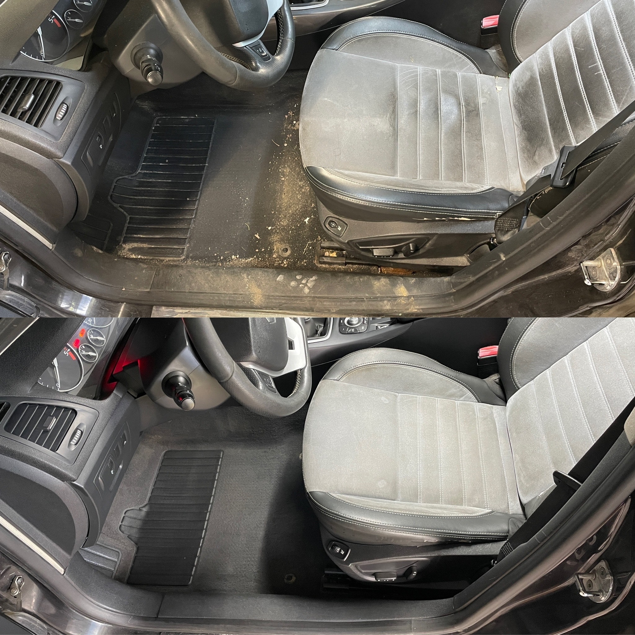 Auto przed i po czyszczeniu: brudne vs. odświeżone wnętrze, z naciskiem na tapicerkę fotela i dywaniki. Widoczna różnica w czystości i wyglądzie.
