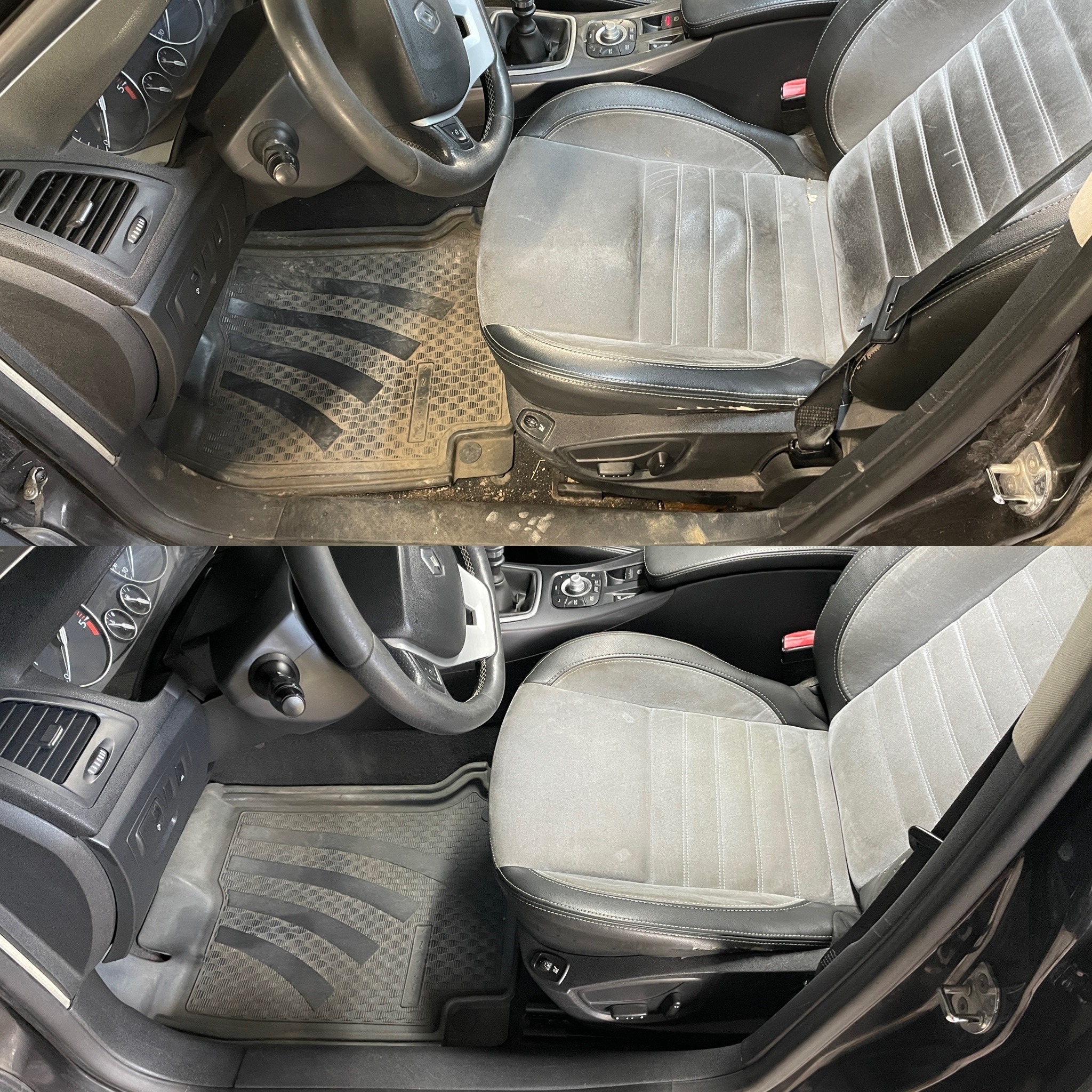 Auto przed i po czyszczeniu tapicerki w Trzebini. Widoczne różnice na siedzeniu, dywaniku i elementach wnętrza. Efekt odświeżenia i usunięcia zabrudzeń.