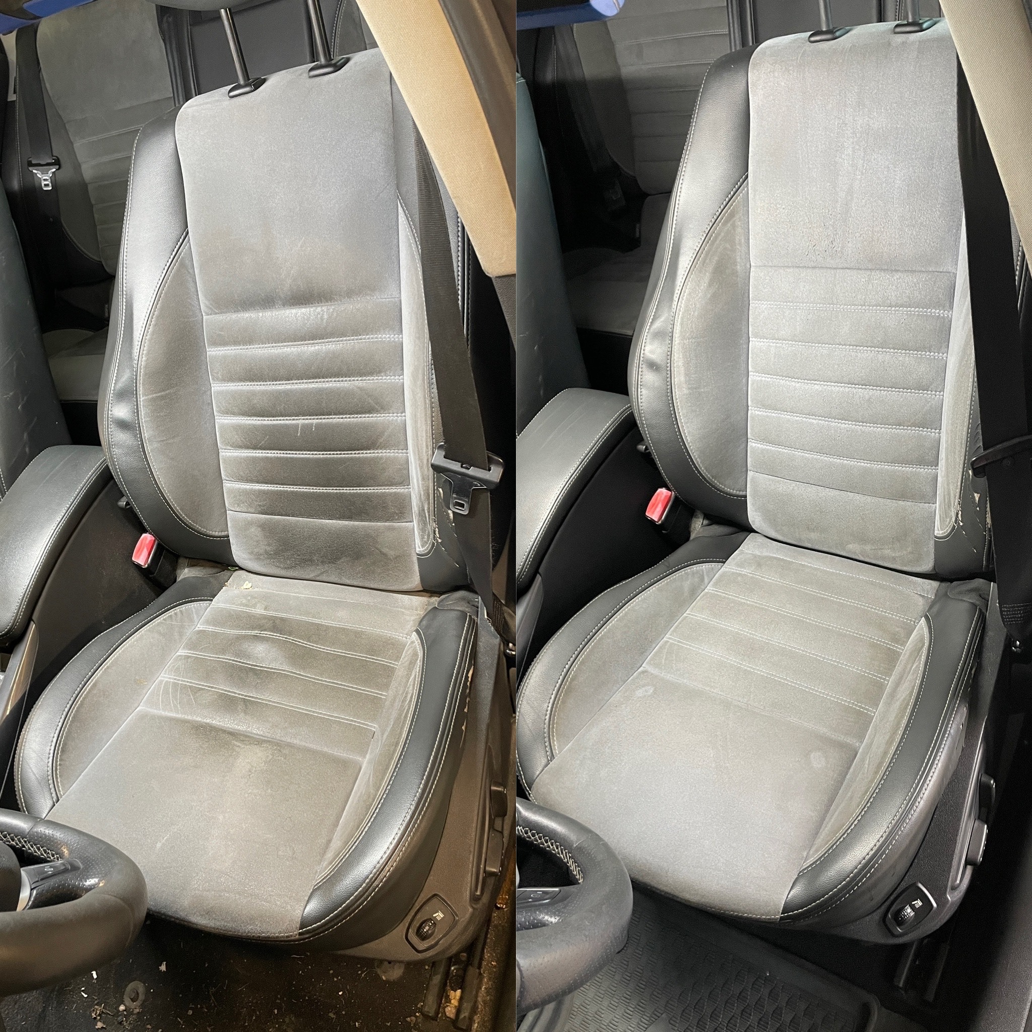 Fotel samochodowy w ujęciu przed i po czyszczeniu tapicerki. Po lewej stronie widoczny brudny fotel, a po prawej ten sam fotel po procesie czyszczenia.