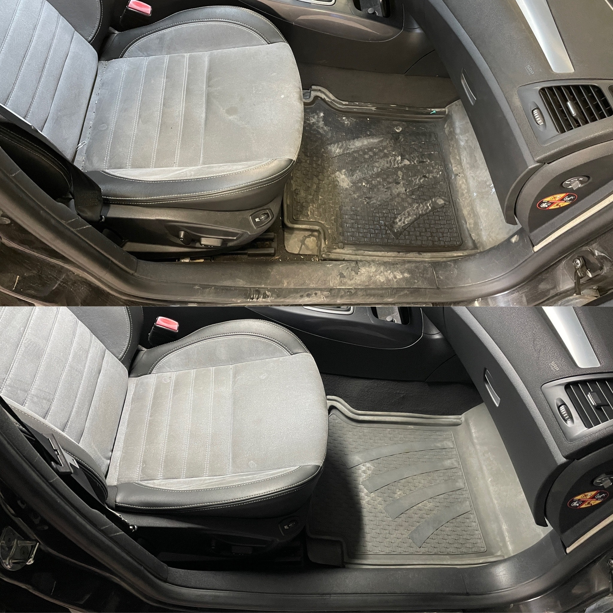 Tapicerka samochodowa przed i po czyszczeniu: szary fotel z plamami i dywanik vs. czysty fotel i dywanik. Widoczne detale wnętrza auta.