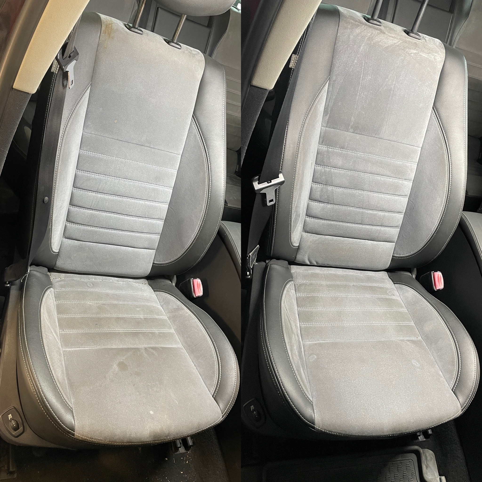 Tapicerka fotela samochodowego przed i po czyszczeniu, wyraźne kontrasty zabrudzeń i czystości. Szara tkanina z ciemnymi skórzanymi elementami. Efekt usługi.