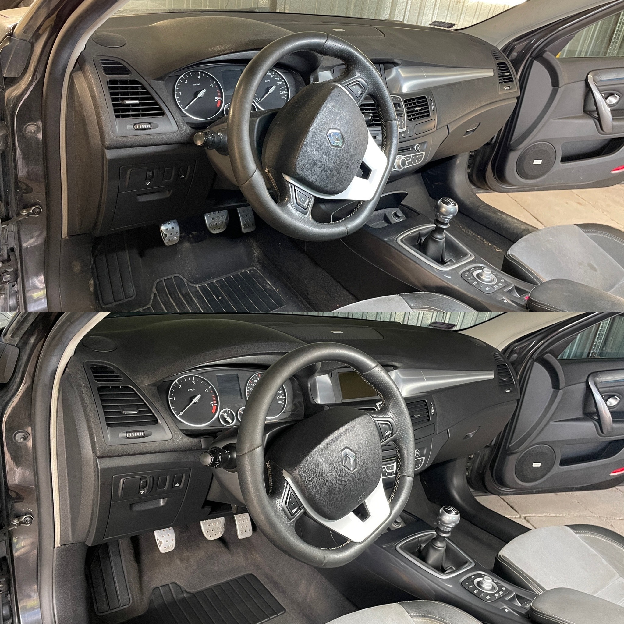 Wnętrze samochodu przed i po czyszczeniu: kierownica, deska rozdzielcza, dywaniki. Widoczna różnica w czystości i świeżości.