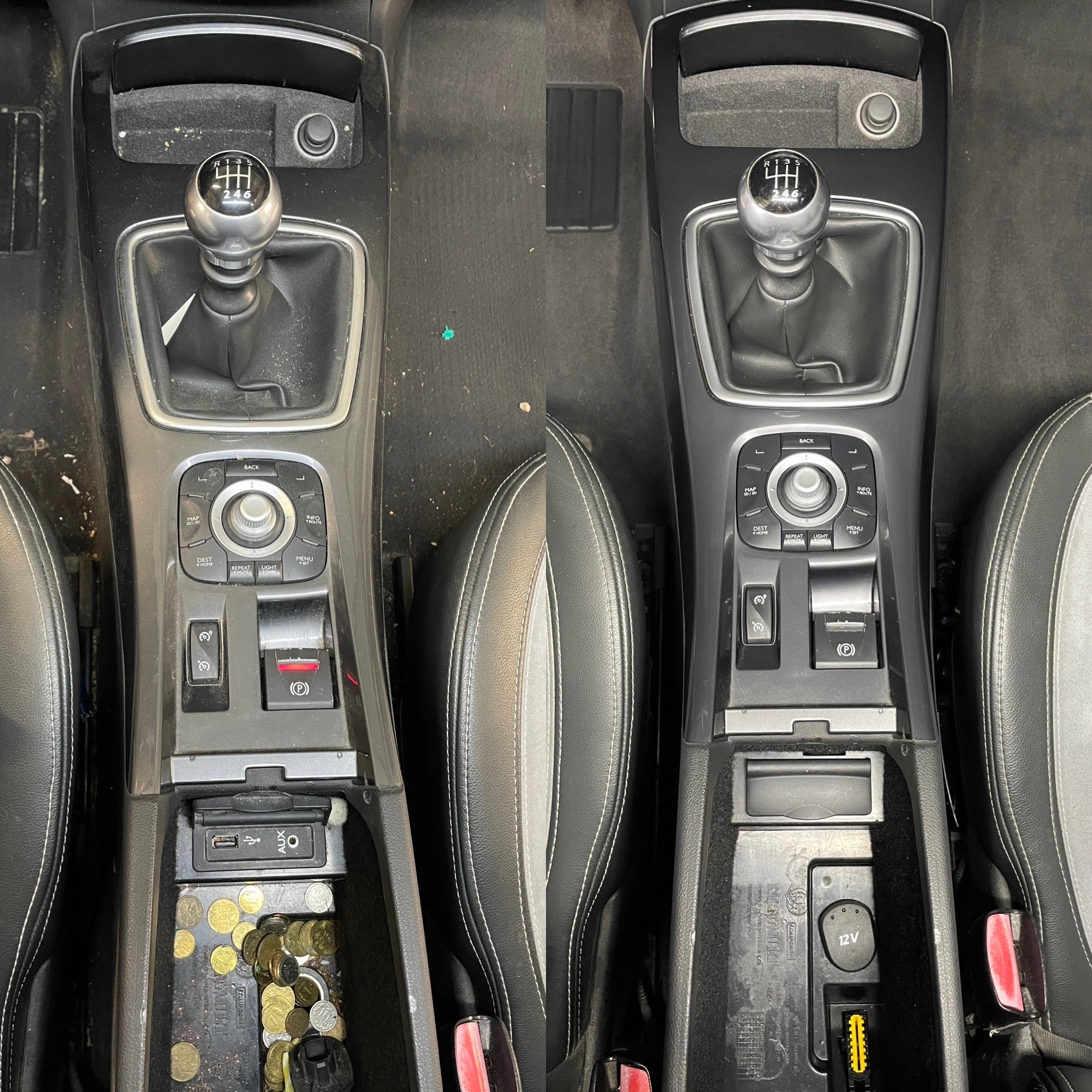 Porównanie czystości wnętrza auta: lewa strona przed czyszczeniem (monety w schowku, kurz), prawa po. Widok z góry na konsolę środkową i fotele.