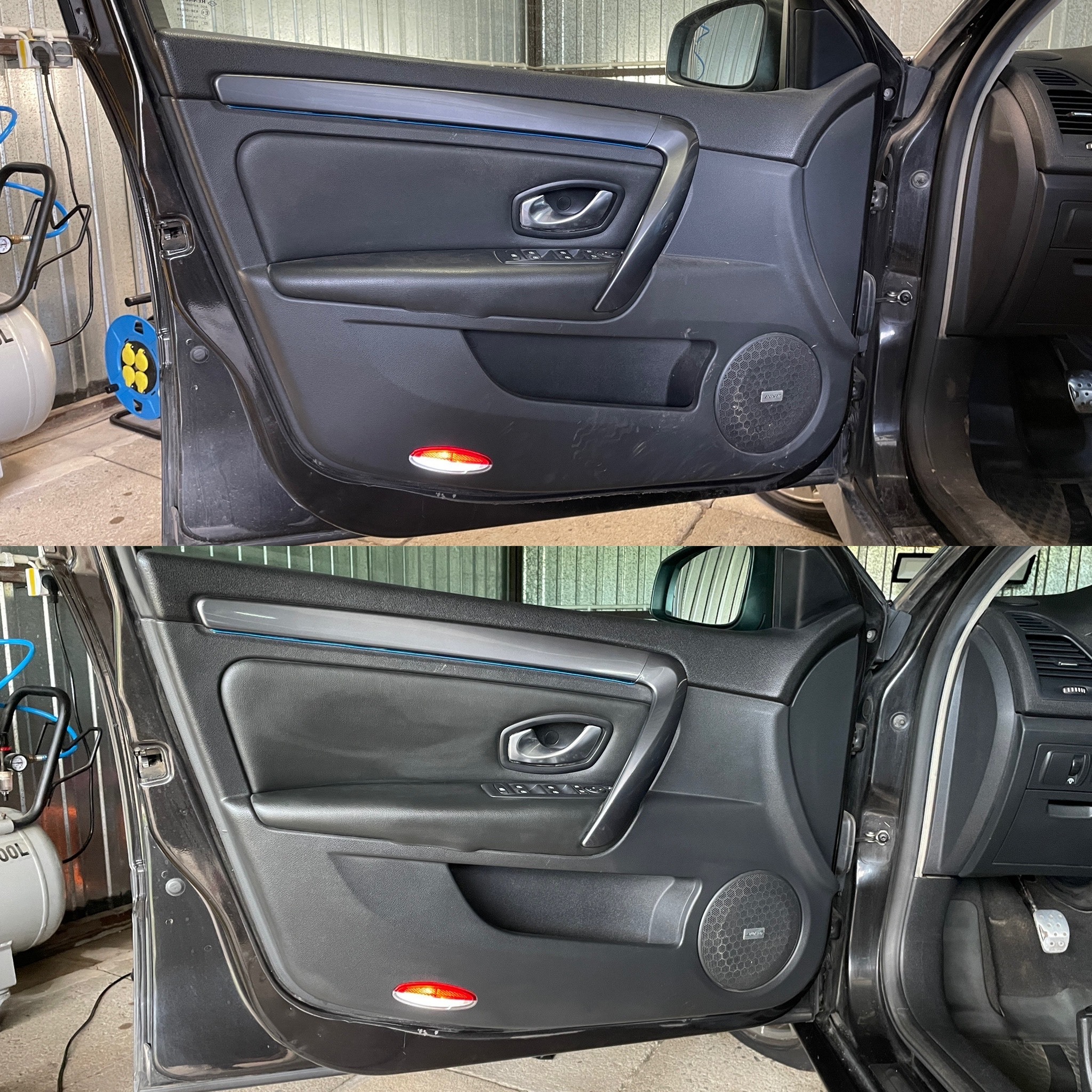 Drzwi auta przed i po czyszczeniu tapicerki. Widoczna różnica w czystości na czarnym panelu drzwiowym, zwłaszcza w dolnej części i okolicach głośnika.