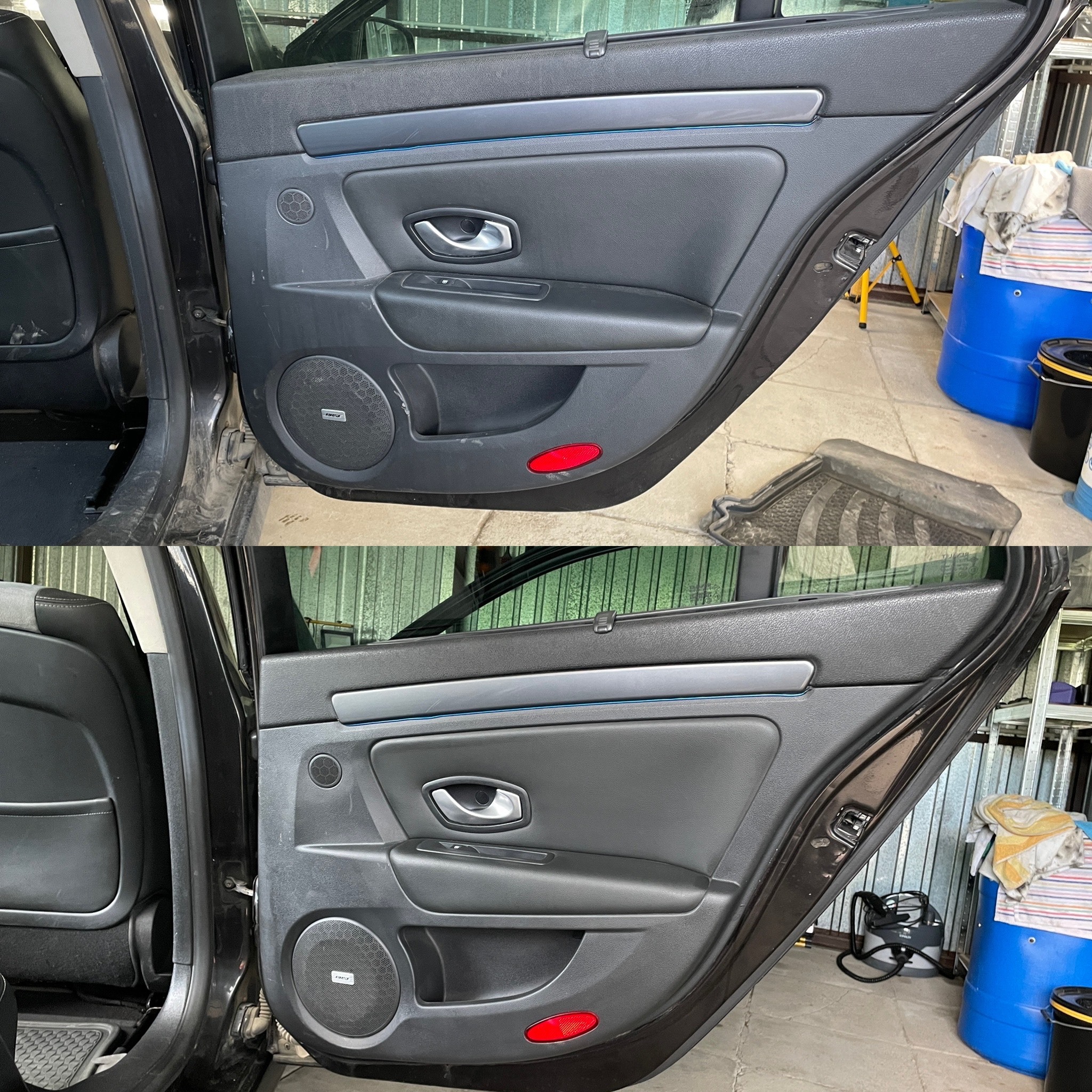 Zdjęcie 'przed i po' czyszczenia tapicerki drzwi samochodu. Widoczne różnice w czystości i wyglądzie elementów. Czyszczenie wykonane z dbałością o detale.