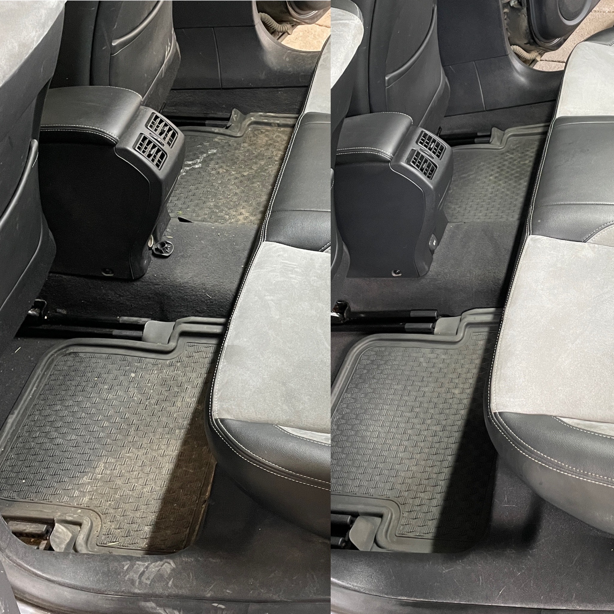 Auto dywaniki i tylna kanapa przed i po czyszczeniu. Widoczne różnice w zabrudzeniach i odświeżonym wyglądzie.