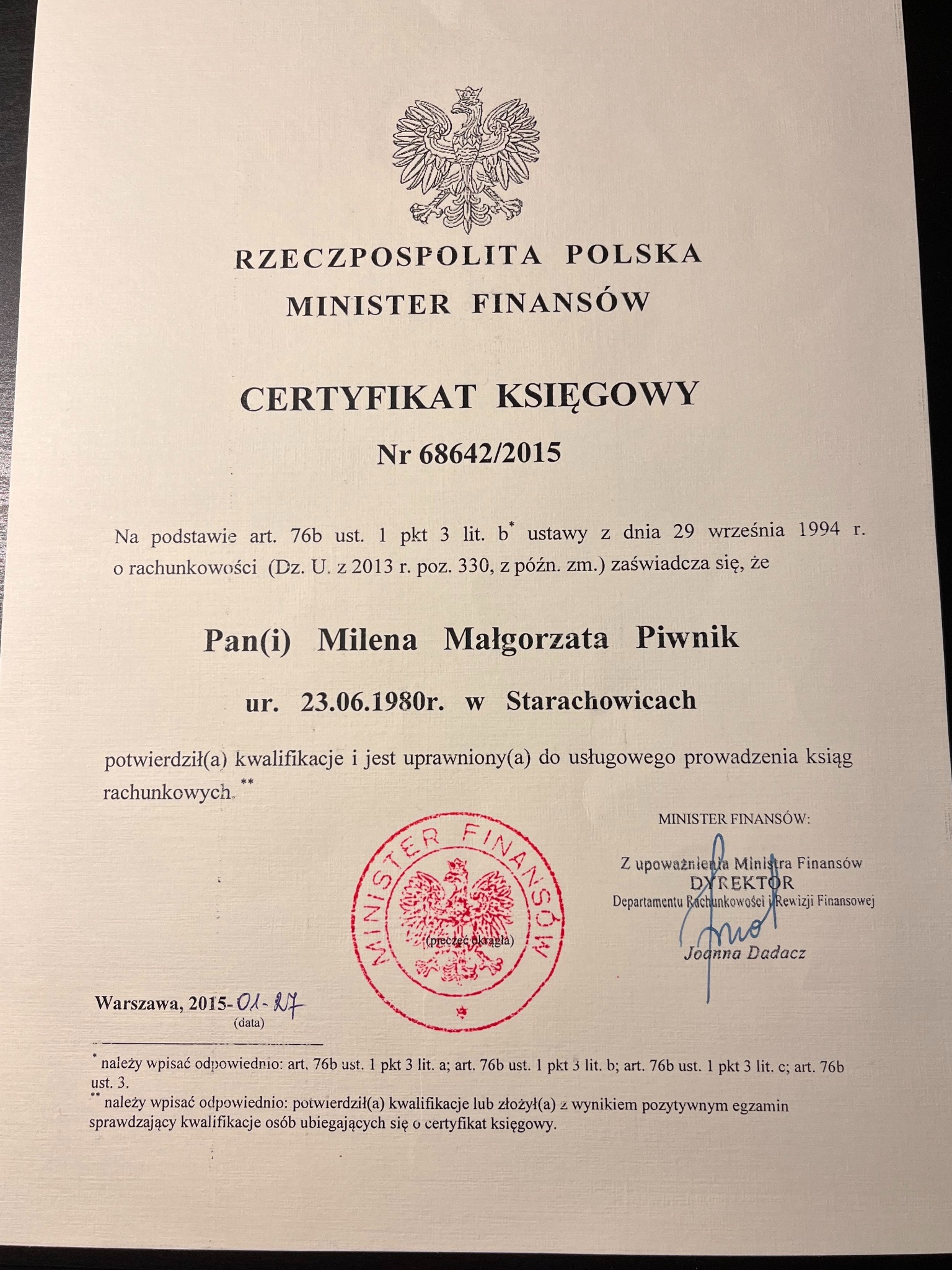 Certyfikat Ministra Finansów
