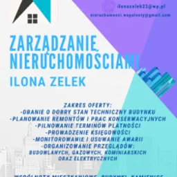 Grafika reklamowa: Zarządzanie nieruchomościami Ilona Zelek, zakres oferty, dane kontaktowe. Minimalistyczne logo domu w kolorach bieli, turkusu i grafitu.
