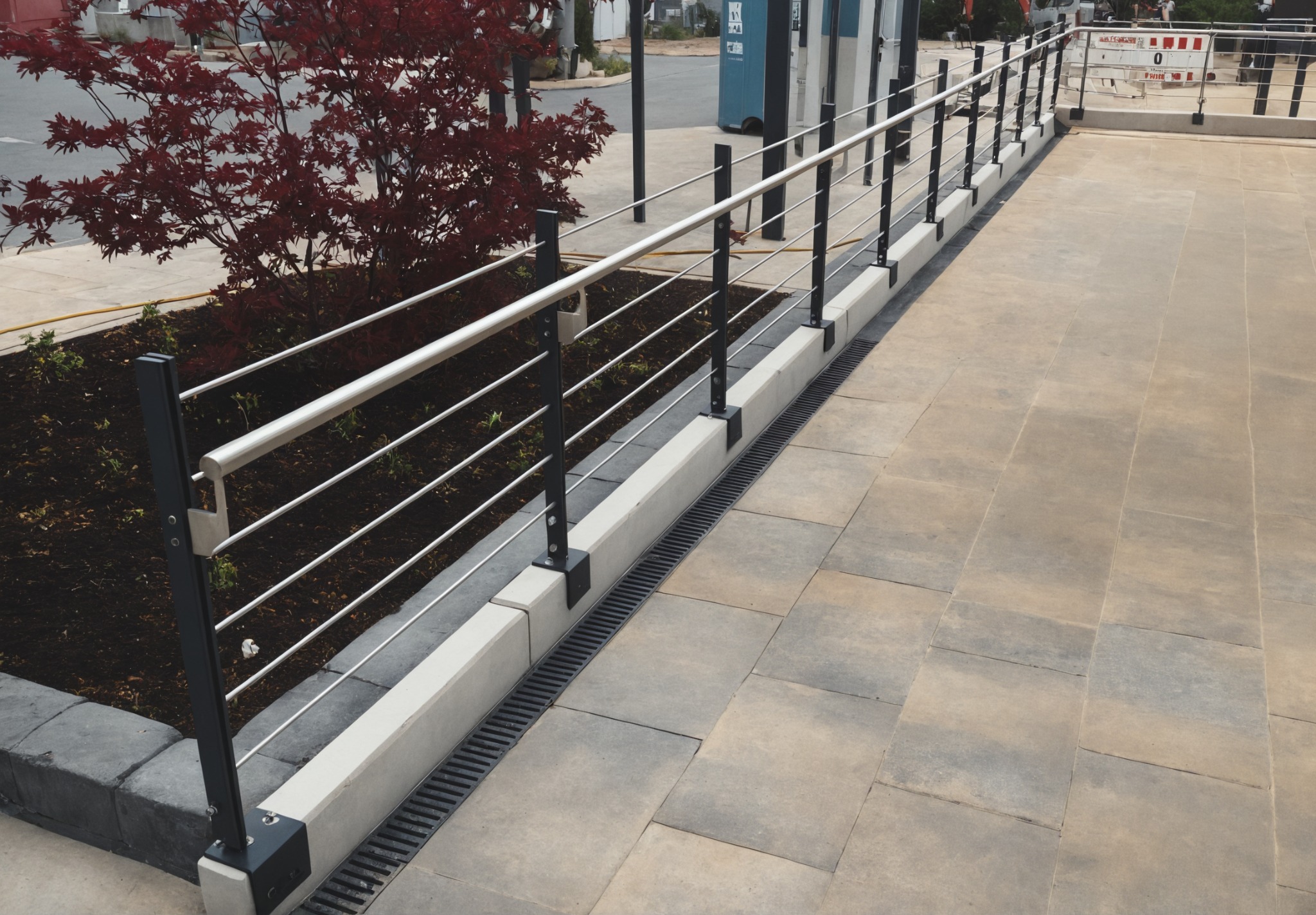 Nowoczesna balustrada z metalowymi słupkami i poziomymi linkami, obok rabaty z czerwonym klonem palmowym, na tle jasnej kostki brukowej i elementów infrastruktury miejskiej.