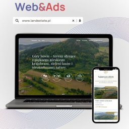 ADTECH PROFESSIONAL ROBERT KWISDORF - Laptop i smartfon prezentują stronę internetową LandEstate.pl z widokiem na Góry Sowie. Minimalistyczny design, czytelna nawigacja, nowoczesna grafika. Web&Ads.