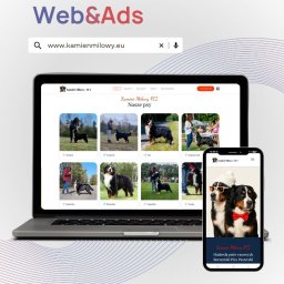 ADTECH PROFESSIONAL ROBERT KWISDORF - Responsywna strona www hodowli psów rasy berneński pies pasterski na laptopie i smartfonie. Widoczne logo Web&Ads. Układ strony z galerią psów.