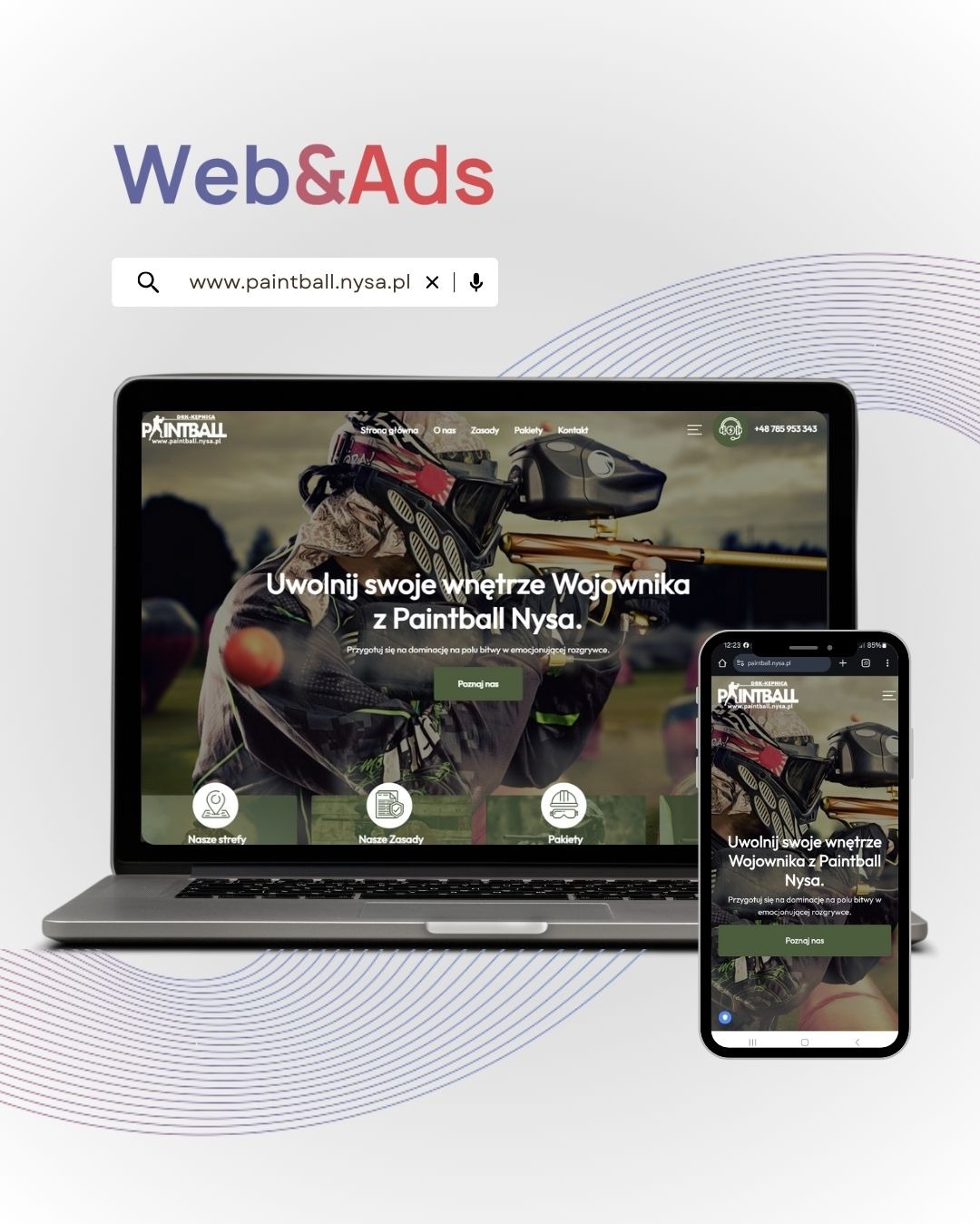 Laptop i smartfon prezentują stronę paintball.nysa.pl. Ekran laptopa pokazuje stronę główną, a smartfon wersję mobilną. Widoczne logo Web&Ads w górnej części obrazu.