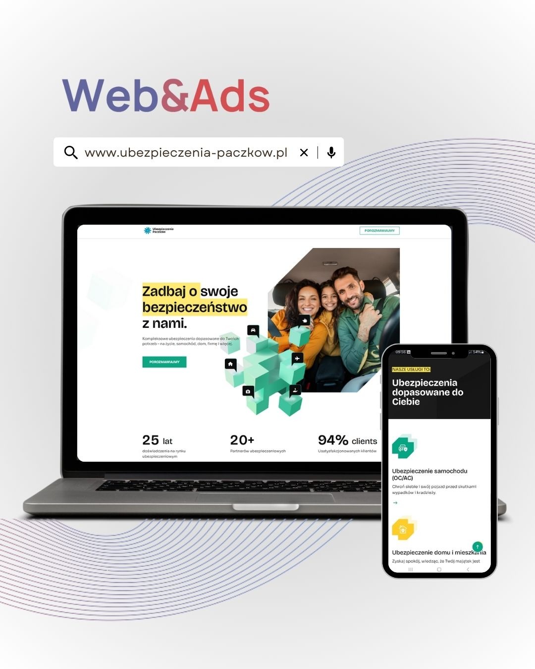 Strona www ubezpieczeń Paczków na laptopie i smartfonie. Grafika Web&Ads. Oferta: ubezpieczenia samochodowe, domów i mieszkań. Kompleksowe ubezpieczenia.