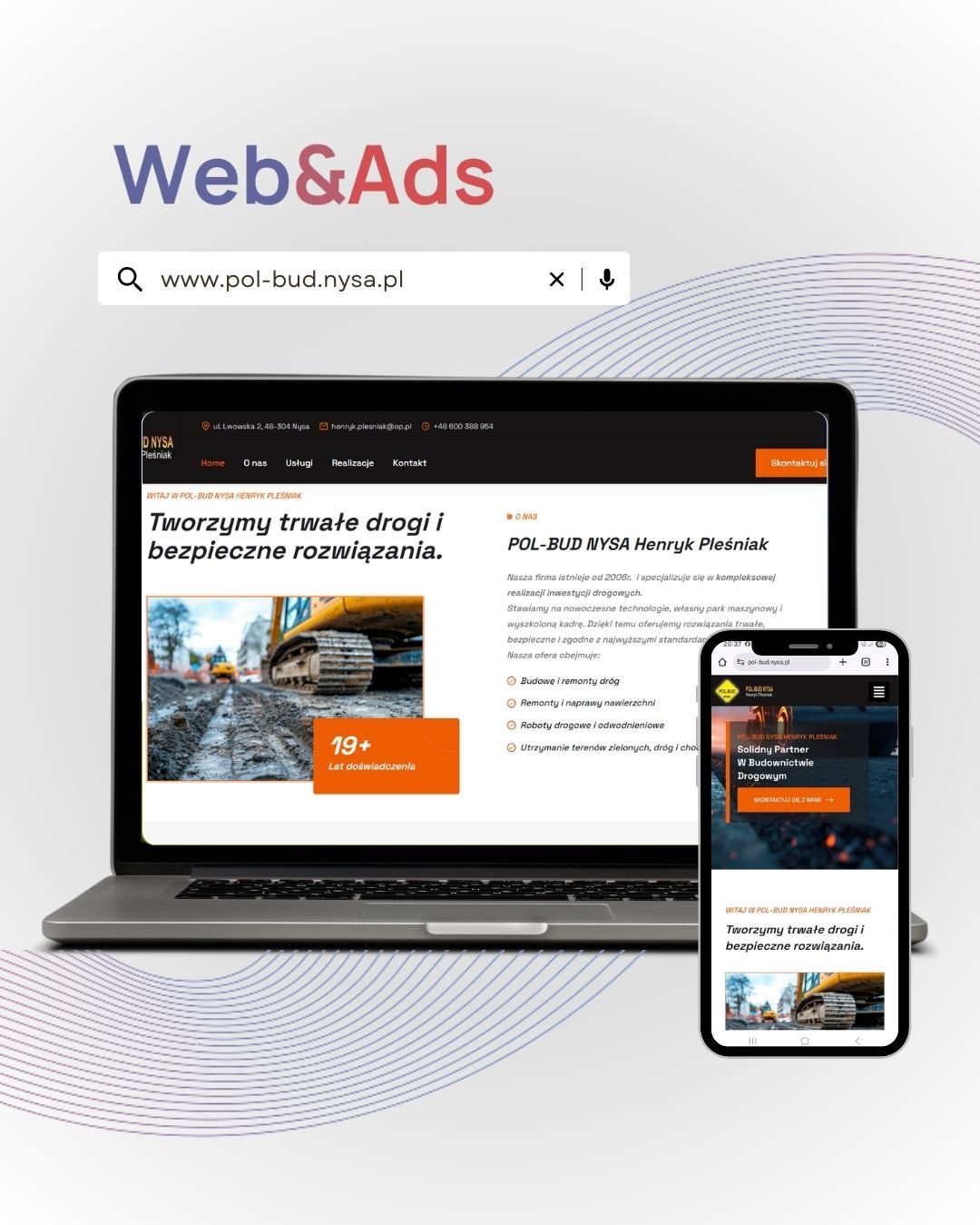 Laptop i smartfon prezentują stronę internetową firmy budowlanej z Nysy, specjalizującej się w budowie dróg. Widoczne logo Web&Ads sugeruje agencję.