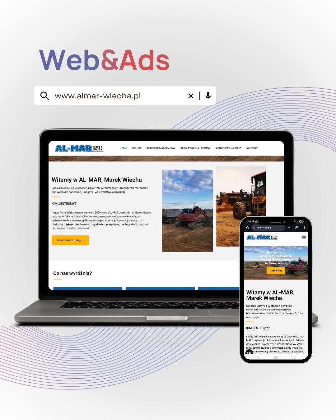 Laptop i smartfon prezentują stronę internetową Almar-Wiecha z branży robót ziemnych. Widoczne logo firmy i oferta usług. Minimalistyczny design strony.