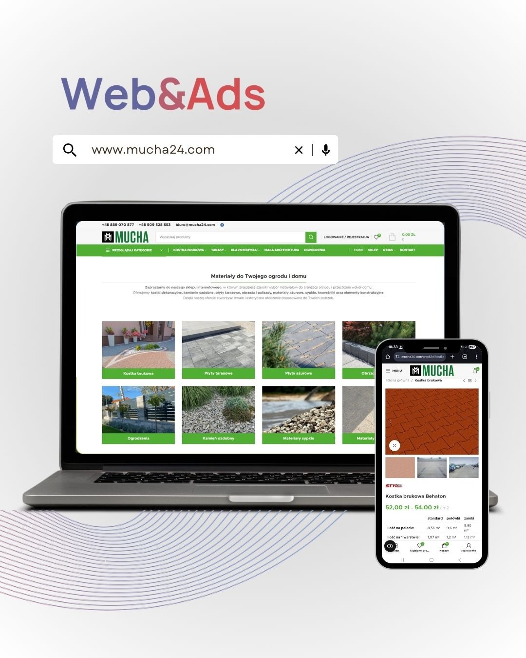 Laptop i smartfon prezentują stronę www.mucha24.com z ofertą materiałów do ogrodu i domu, w tym kostki brukowej i płyt tarasowych. Widoczne logo Web&Ads.