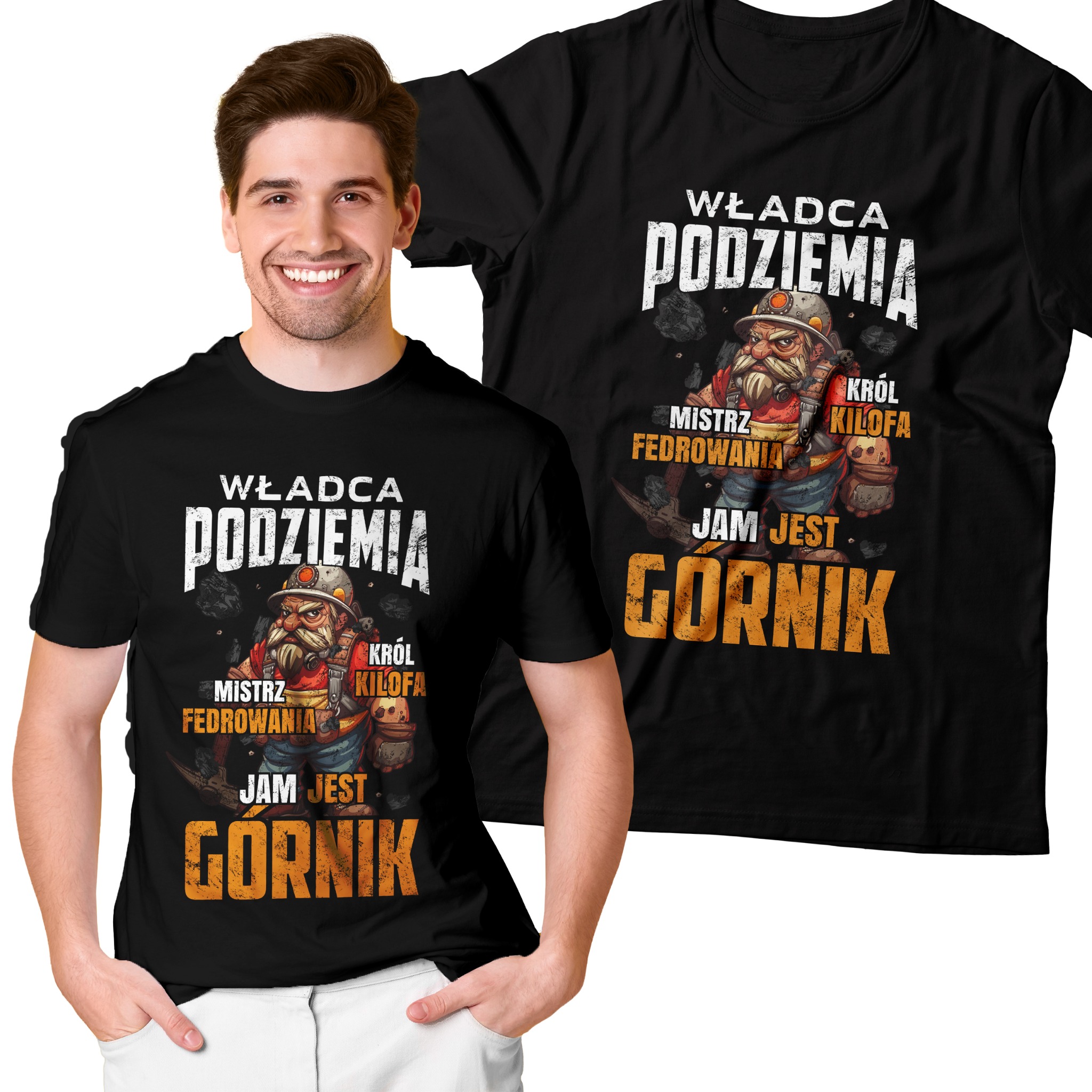 Uśmiechnięty mężczyzna w czarnej koszulce z nadrukiem górnika. Obok koszulka z tym samym wzorem. Grafika w stylu cartoon.