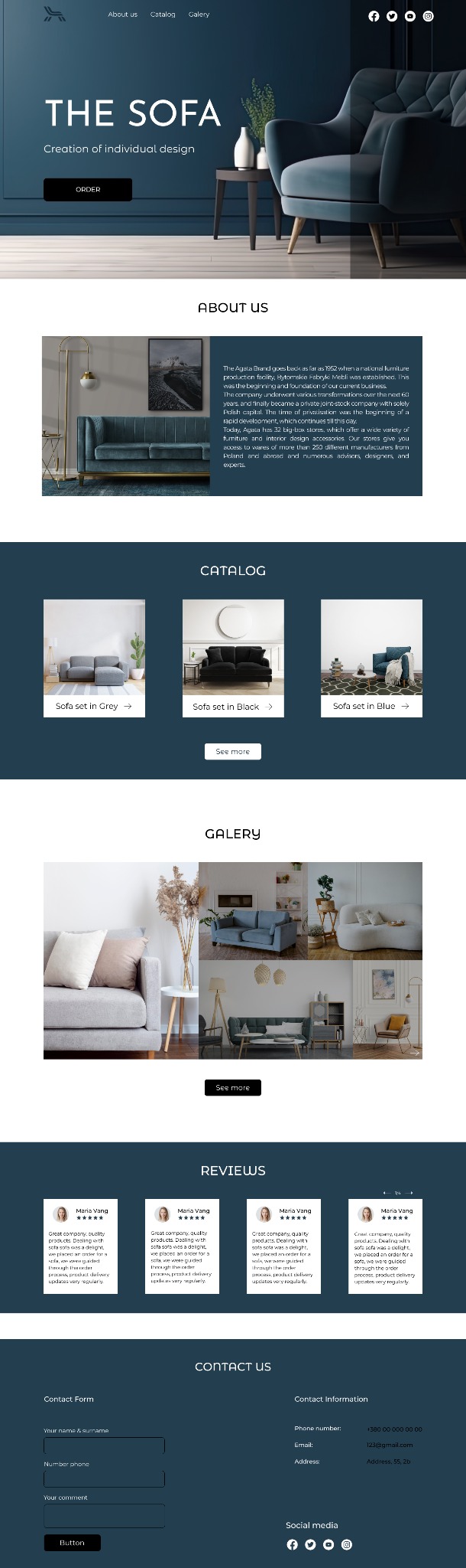 Strona internetowa producenta mebli z sekcjami: nagłówek z sofą, 'O nas', katalog produktów, galeria realizacji, opinie klientów i formularz kontaktowy.