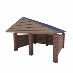 Wizualizacja 3D zadaszenia ogrodowego z drewnianą konstrukcją i ceglanymi filarami, ukazująca detale materiałów i precyzję wykonania. Widoczne logo Lumion.