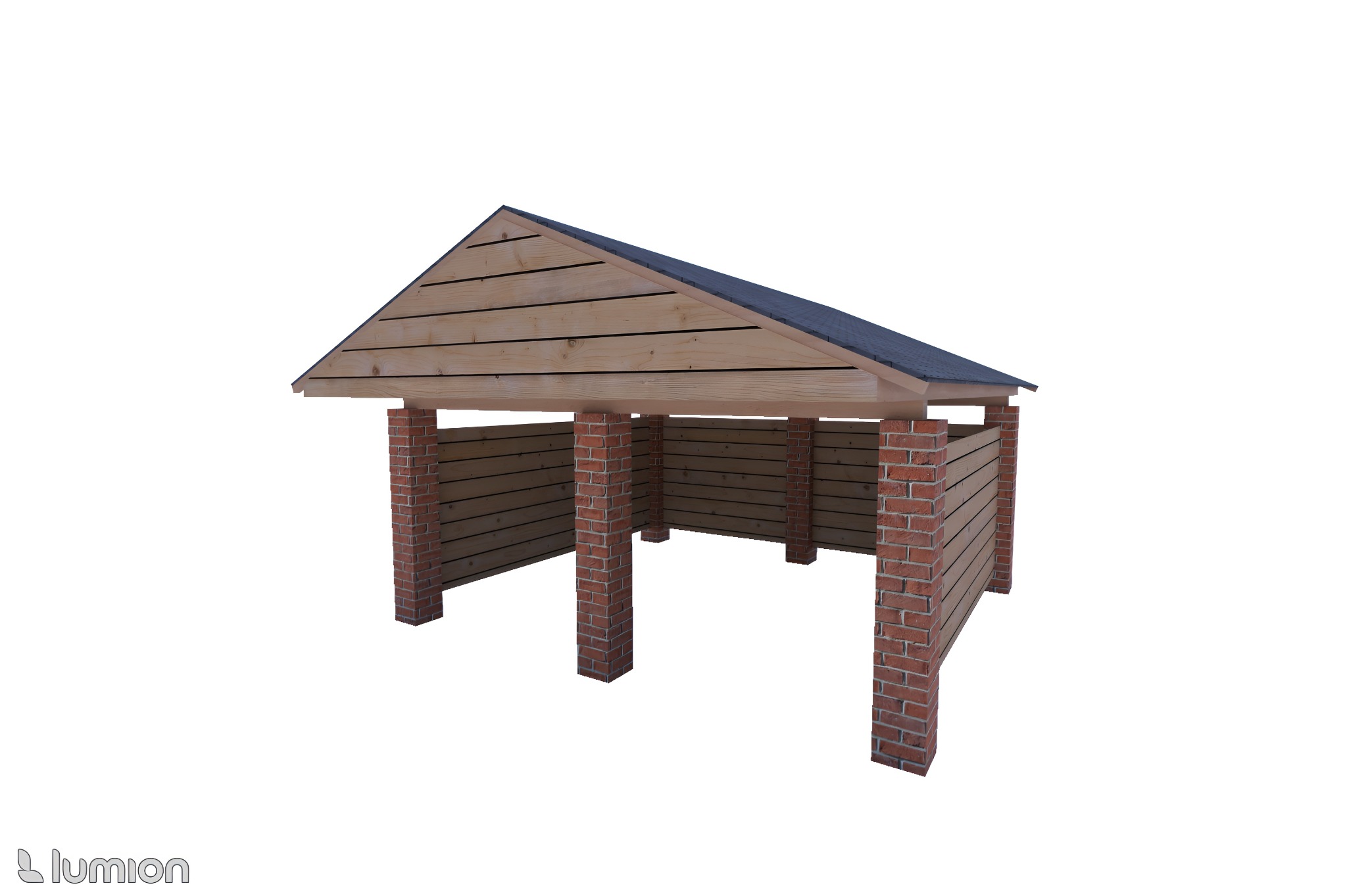 Wizualizacja 3D zadaszenia ogrodowego z drewnianą konstrukcją i ceglanymi filarami, ukazująca detale materiałów i precyzję wykonania. Widoczne logo Lumion.