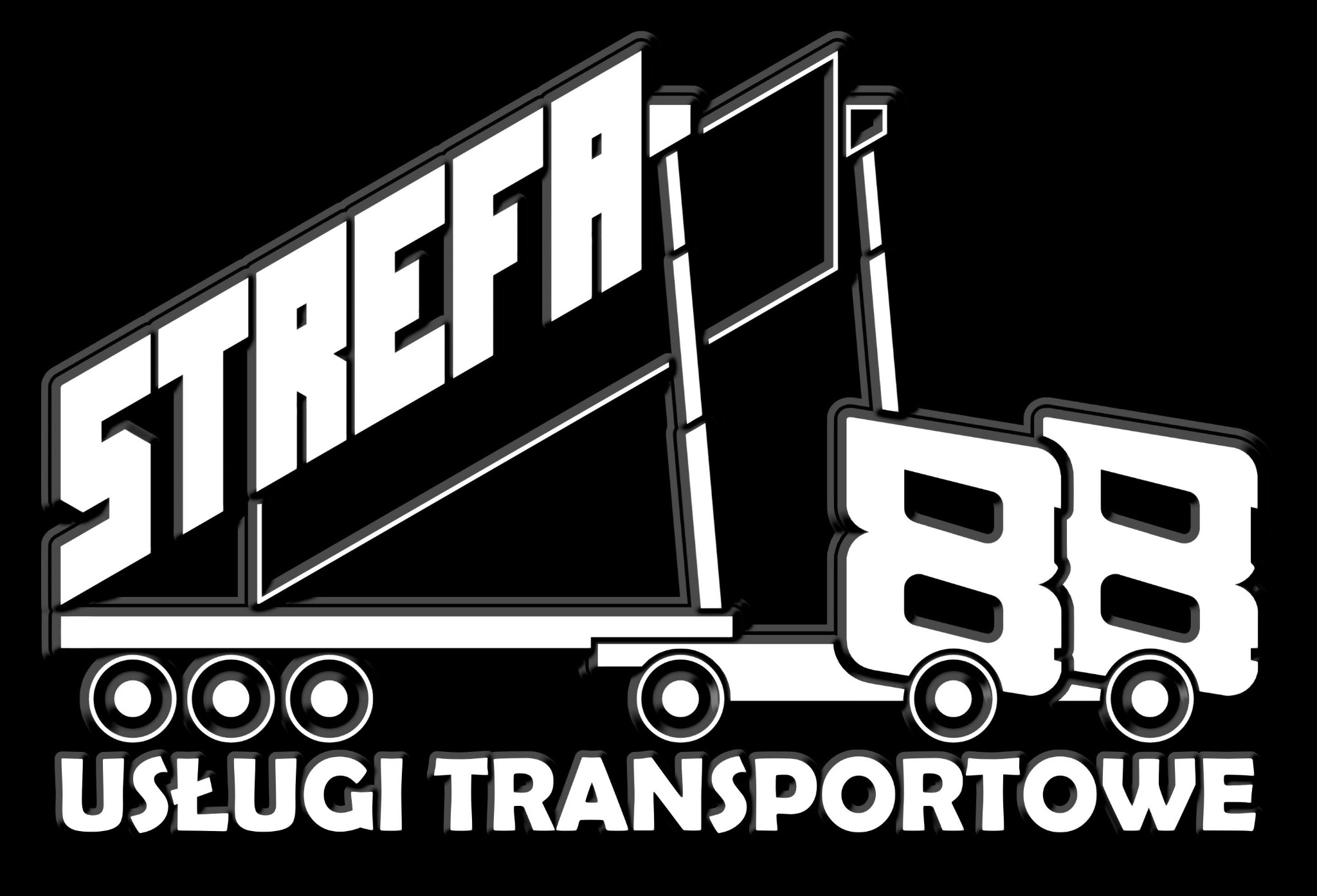 Grafika z logo firmy transportowej: biały schematyczny obraz ciężarówki z napisem 'STREFA BB USŁUGI TRANSPORTOWE' na czarnym tle.