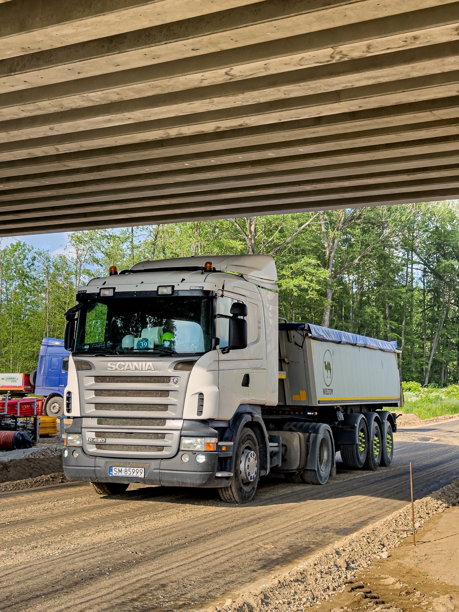 Ciężarówka Scania z naczepą pod betonowym wiaduktem, w tle zieleń drzew. Na drodze rozłożony materiał sypki. Widoczne detale pojazdu i otoczenia.