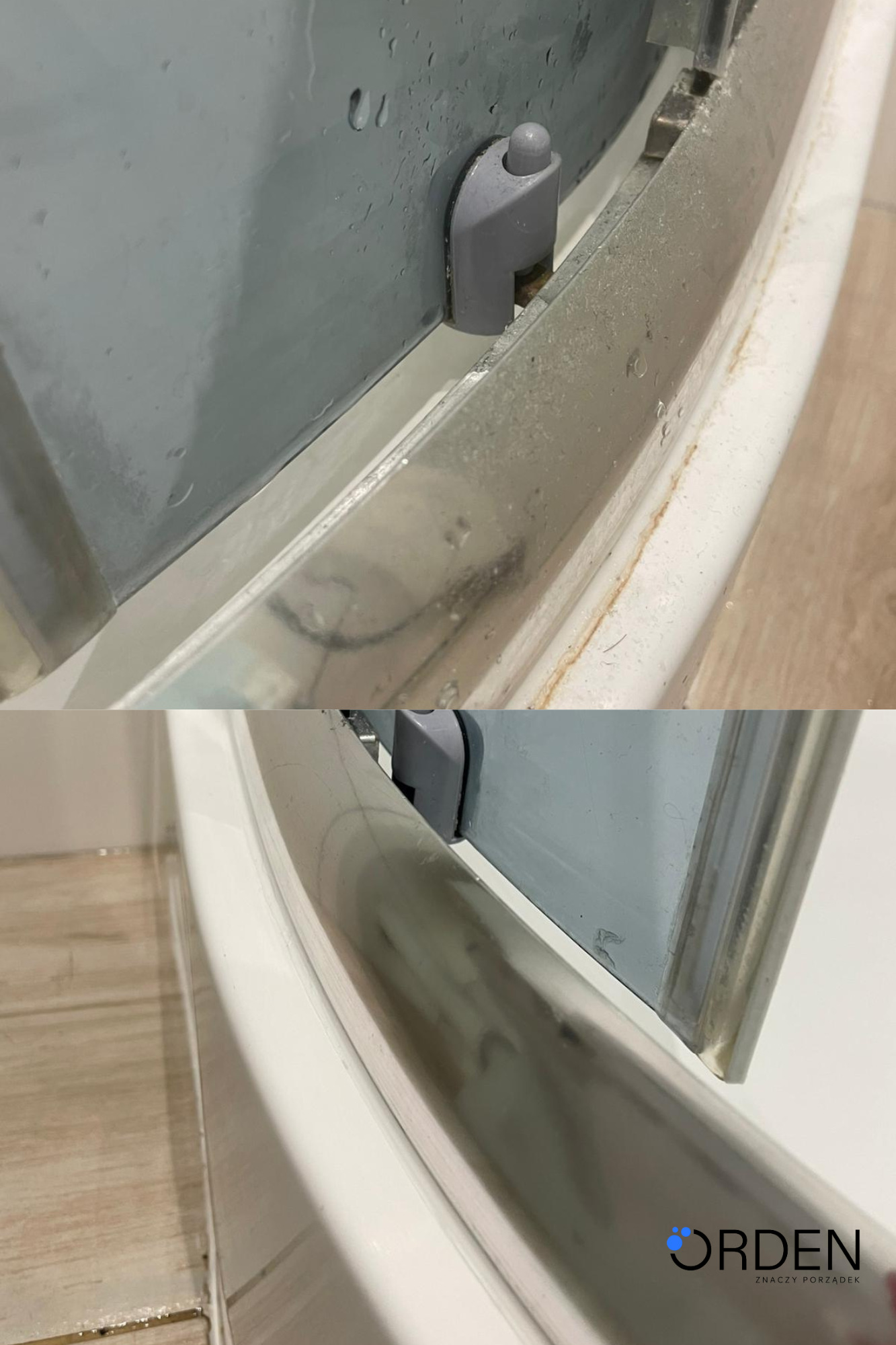 Zdjęcie 'przed i po' czyszczenia kabiny prysznicowej. Górna część ukazuje zabrudzenia, dolna - efekt po umyciu, z widocznymi kroplami wody.