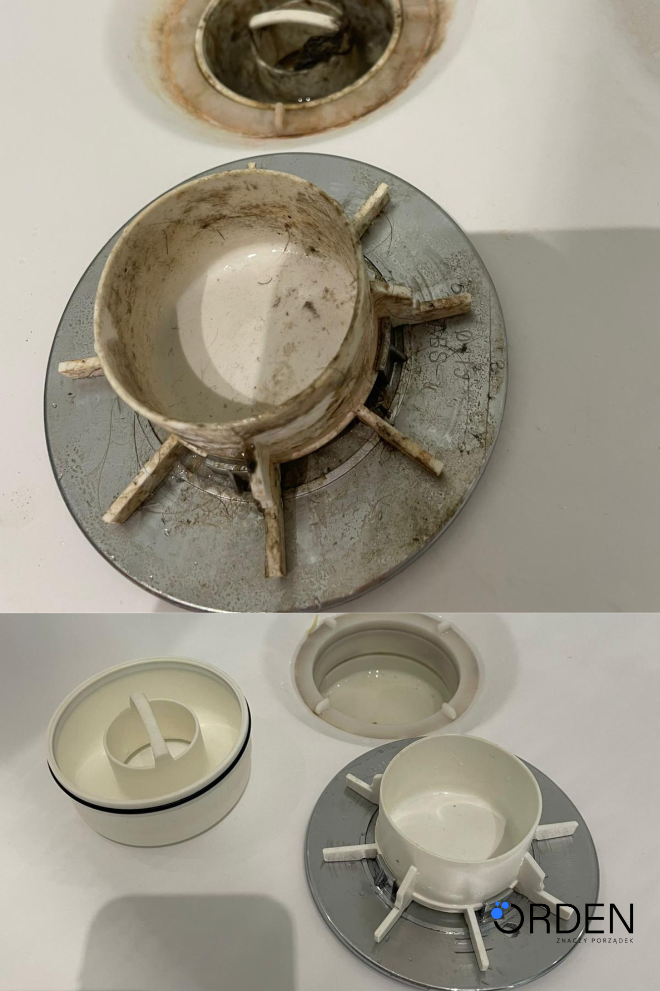 Ujęcie 'przed i po' czyszczenia odpływu wanny. Na górze brudne elementy, na dole wyczyszczone, błyszczące. Widoczne włosy i osad. Logo firmy w prawym dolnym rogu.