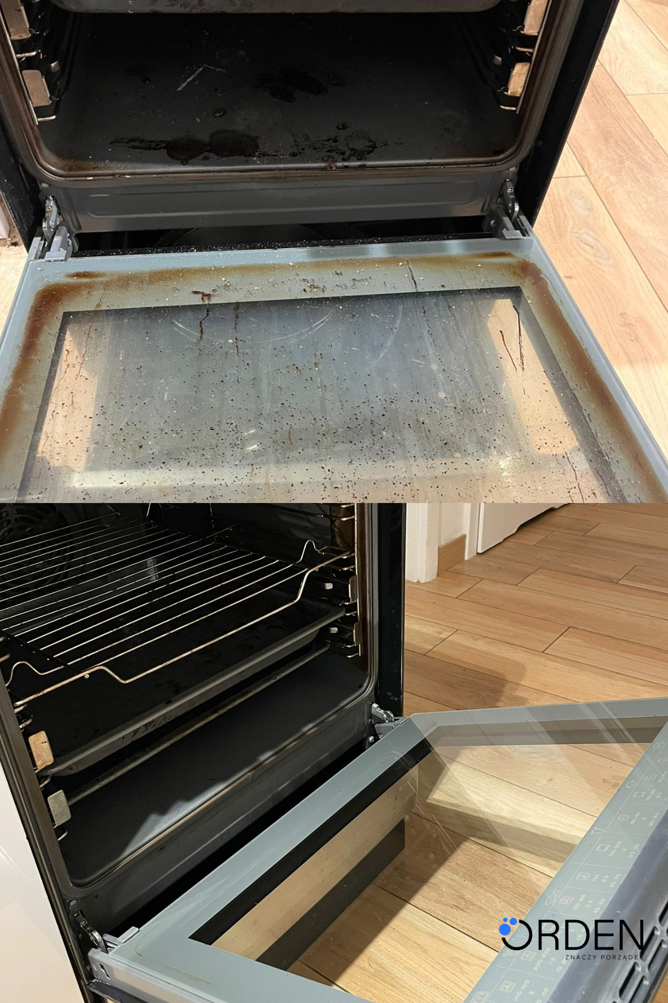 Brudny piekarnik przed czyszczeniem w Szczecinie. Widoczne przypalone resztki jedzenia na dnie i szybie piekarnika. Metalowe ruszty wewnątrz.