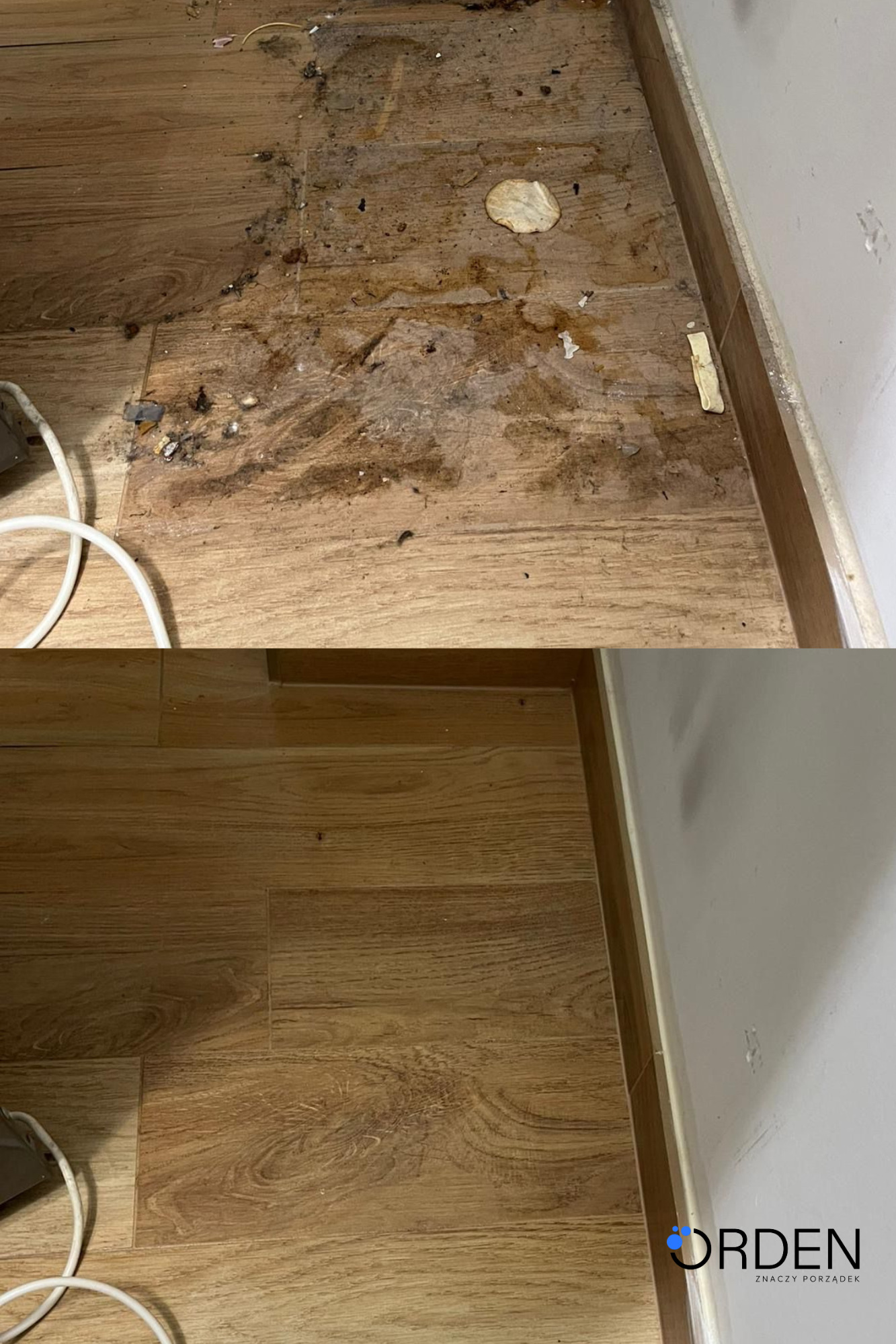 Zdjęcie 'przed i po' czyszczenia podłogi z paneli. Górna część kadru ukazuje zabrudzenia, dolna - czystą powierzchnię. Widoczny fragment kabla i logo firmy.