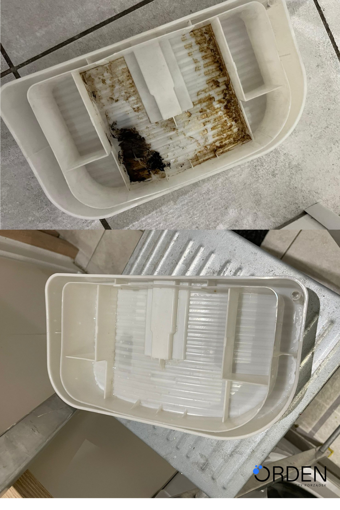 Zdjęcie 'przed i po' czyszczenia plastikowej tacki ociekowej, ukazujące usunięcie uporczywych zabrudzeń i przywrócenie pierwotnej czystości.