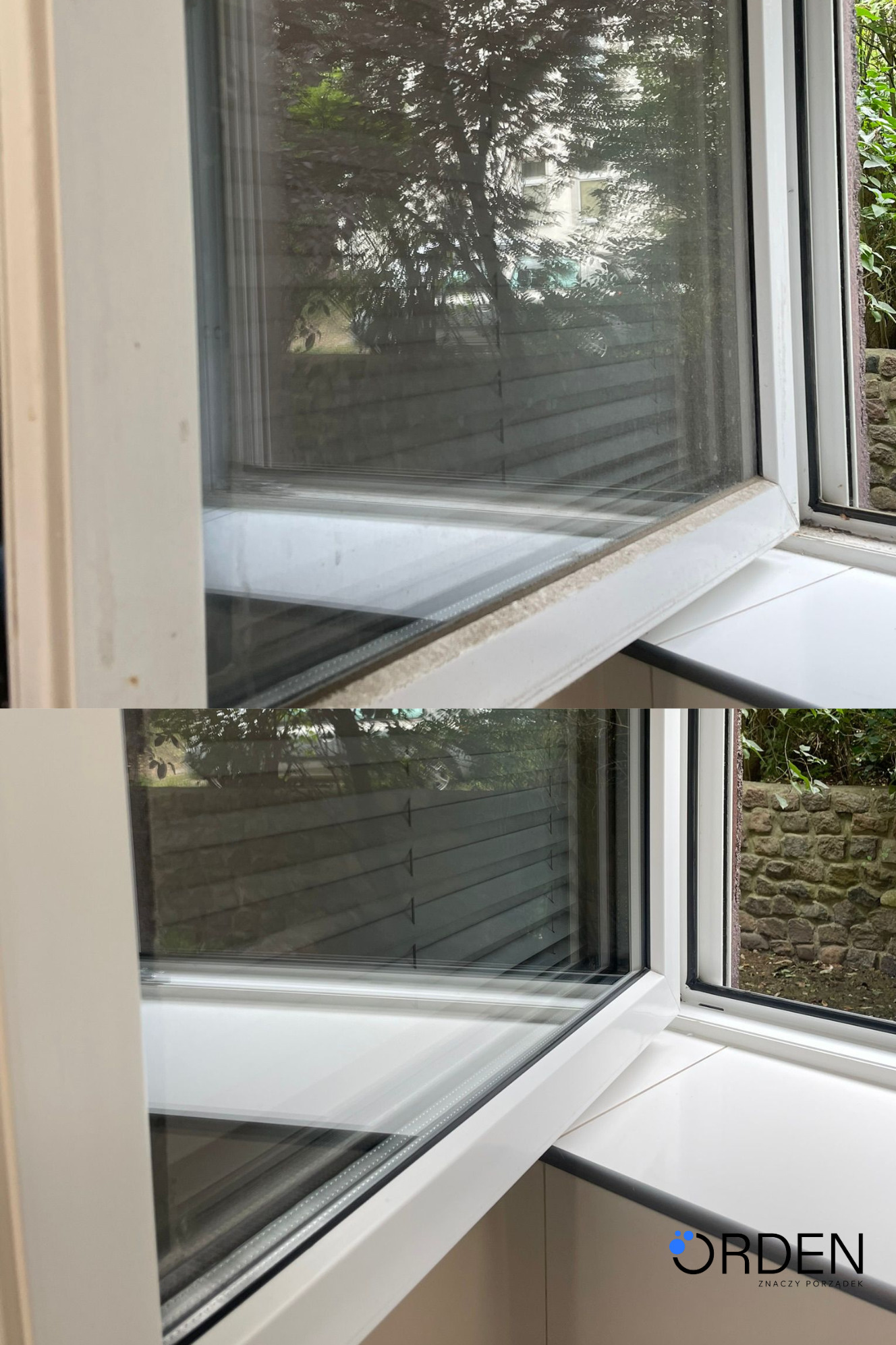 Okno PCV uchylone, widok przed i po umyciu. Górna część ramy i szyby brudna, dolna czysta. Widoczne rolety w oknie i fragment muru na zewnątrz.