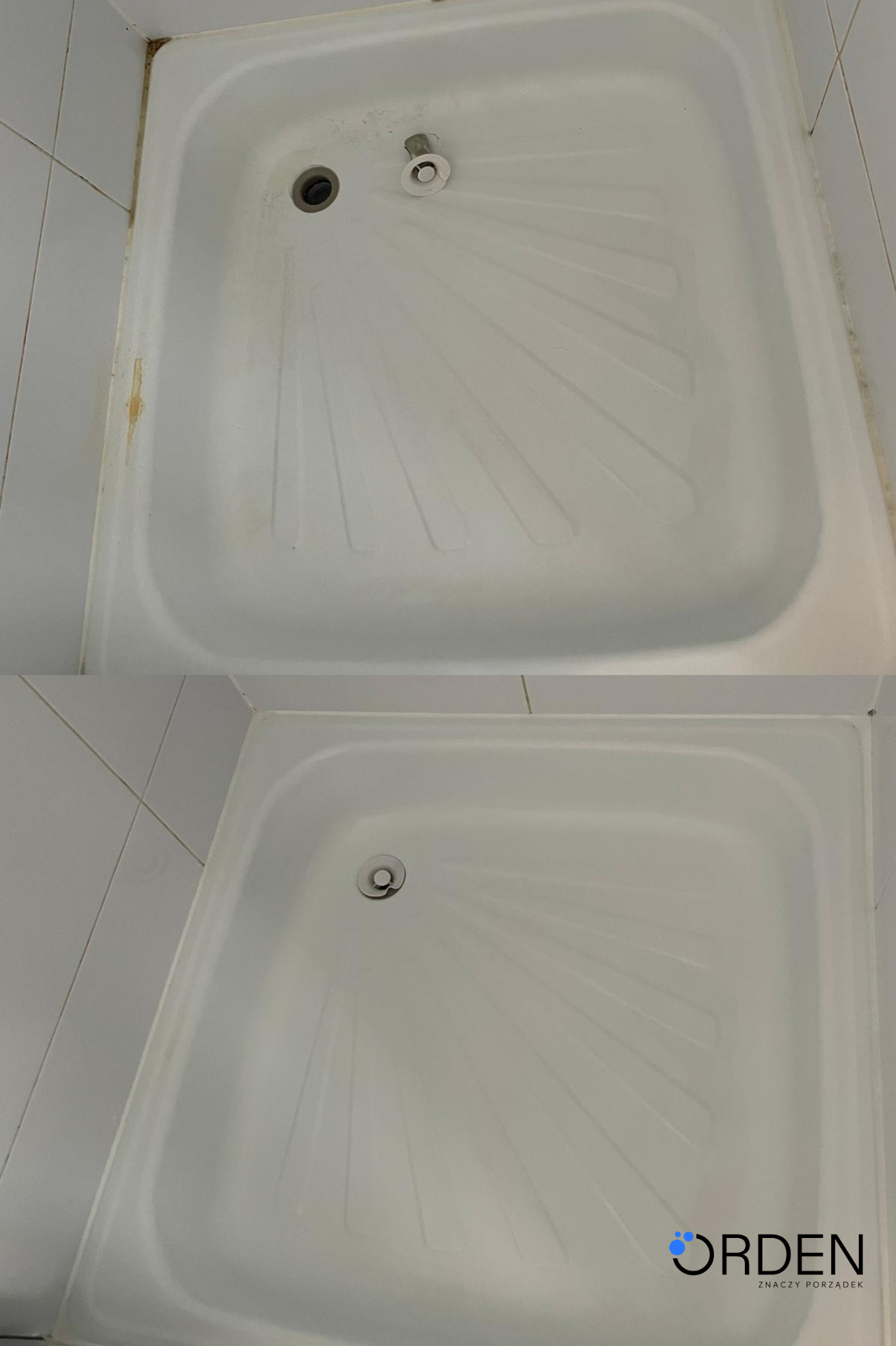 Kabina prysznicowa przed i po czyszczeniu, widoczne usunięte zabrudzenia i osady, białe płytki w tle. Logo firmy sprzątającej w prawym dolnym rogu.