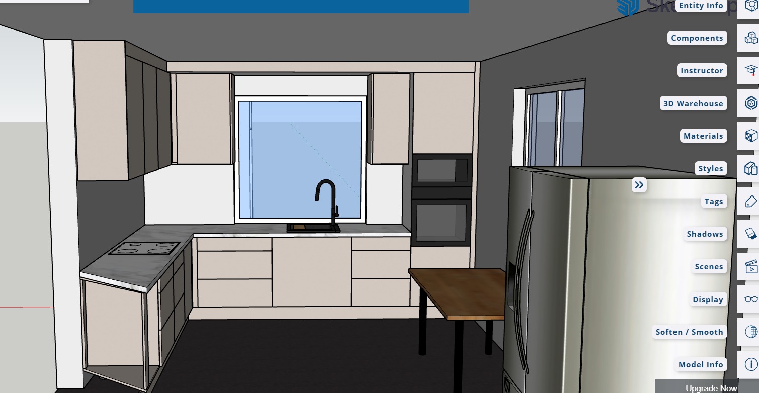 Wizualizacja 3D kuchni z beżowymi szafkami, czarnym zlewem pod oknem i srebrną lodówką. Widoczne elementy interfejsu programu do projektowania.