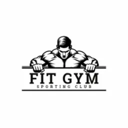 Czarno-białe logo 'Fit Gym Sporting Club' z wizerunkiem muskularnego mężczyzny, grafika w stylu vintage, wyraźne linie i kontrast, minimalistyczny design.