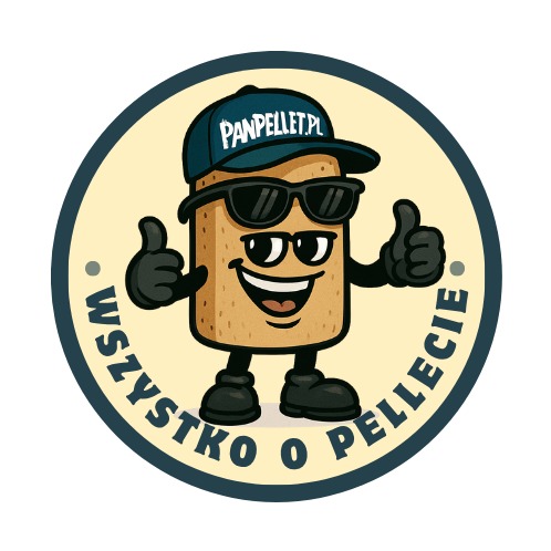 Ilustracja: Uśmiechnięta postać pelletu w czapce i okularach przeciwsłonecznych, z podniesionymi kciukami, w okręgu z napisem 'Wszystko o pellecie'.