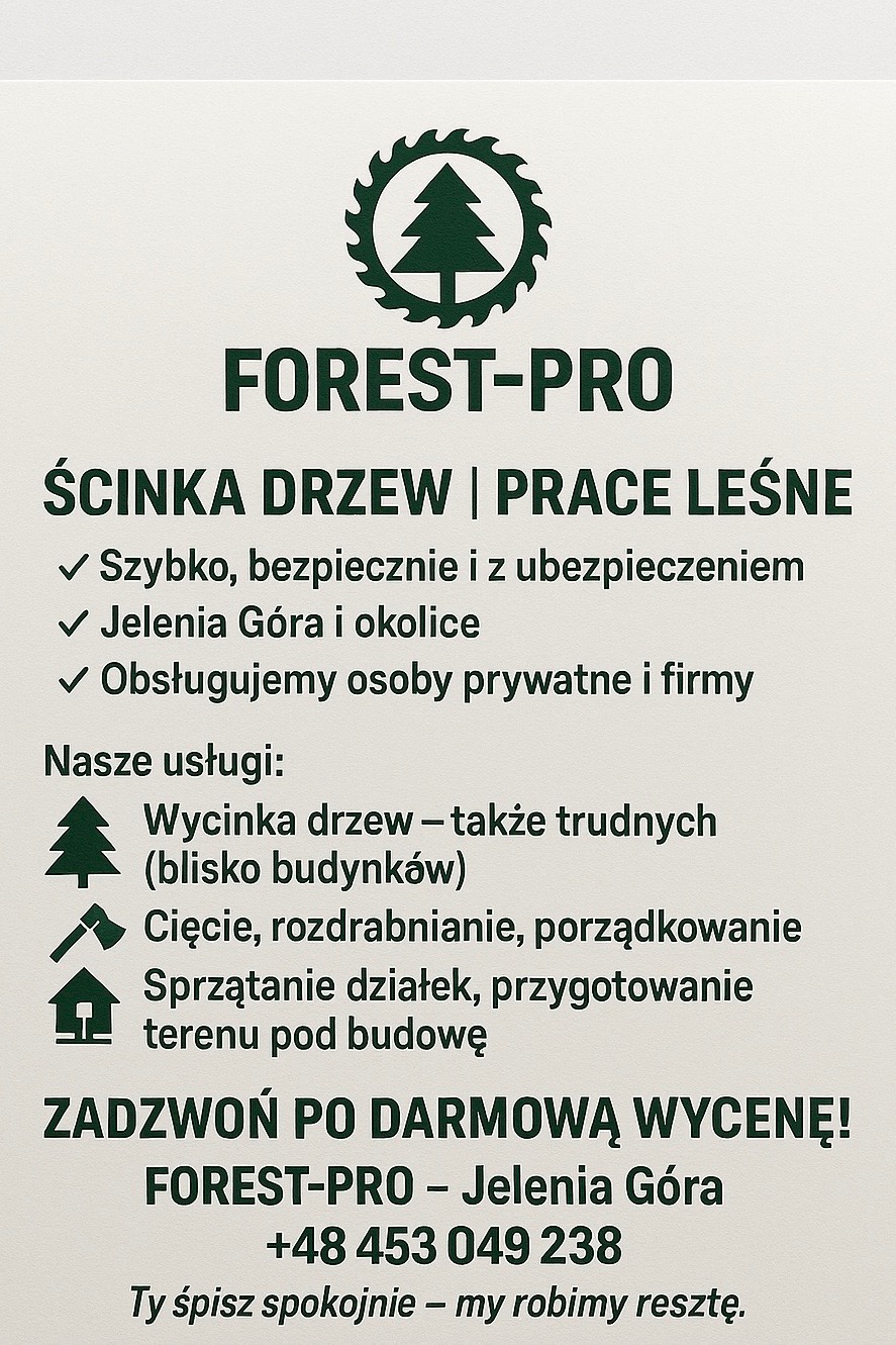 Oferta firmy FOREST-PRO z Jeleniej Góry: wycinka drzew (również trudnych), cięcie, rozdrabnianie, porządkowanie, sprzątanie działek i przygotowanie terenu pod budowę.