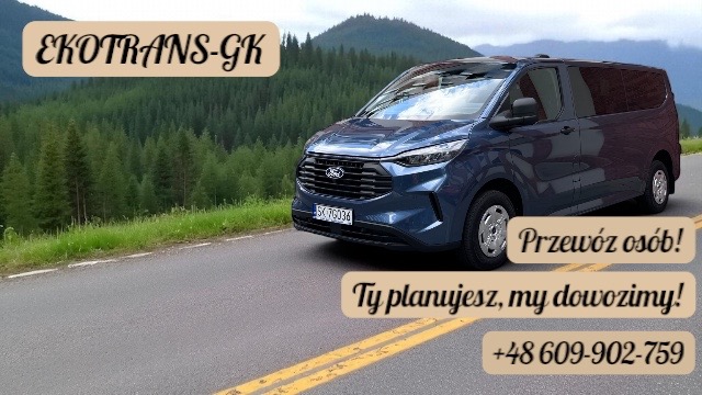 Niebieski bus Ford Transit z logo EKOTRANS-GK na tle górskiego krajobrazu. Oferta: 'Przewóz osób! Ty planujesz, my dowozimy!' i numer telefonu.