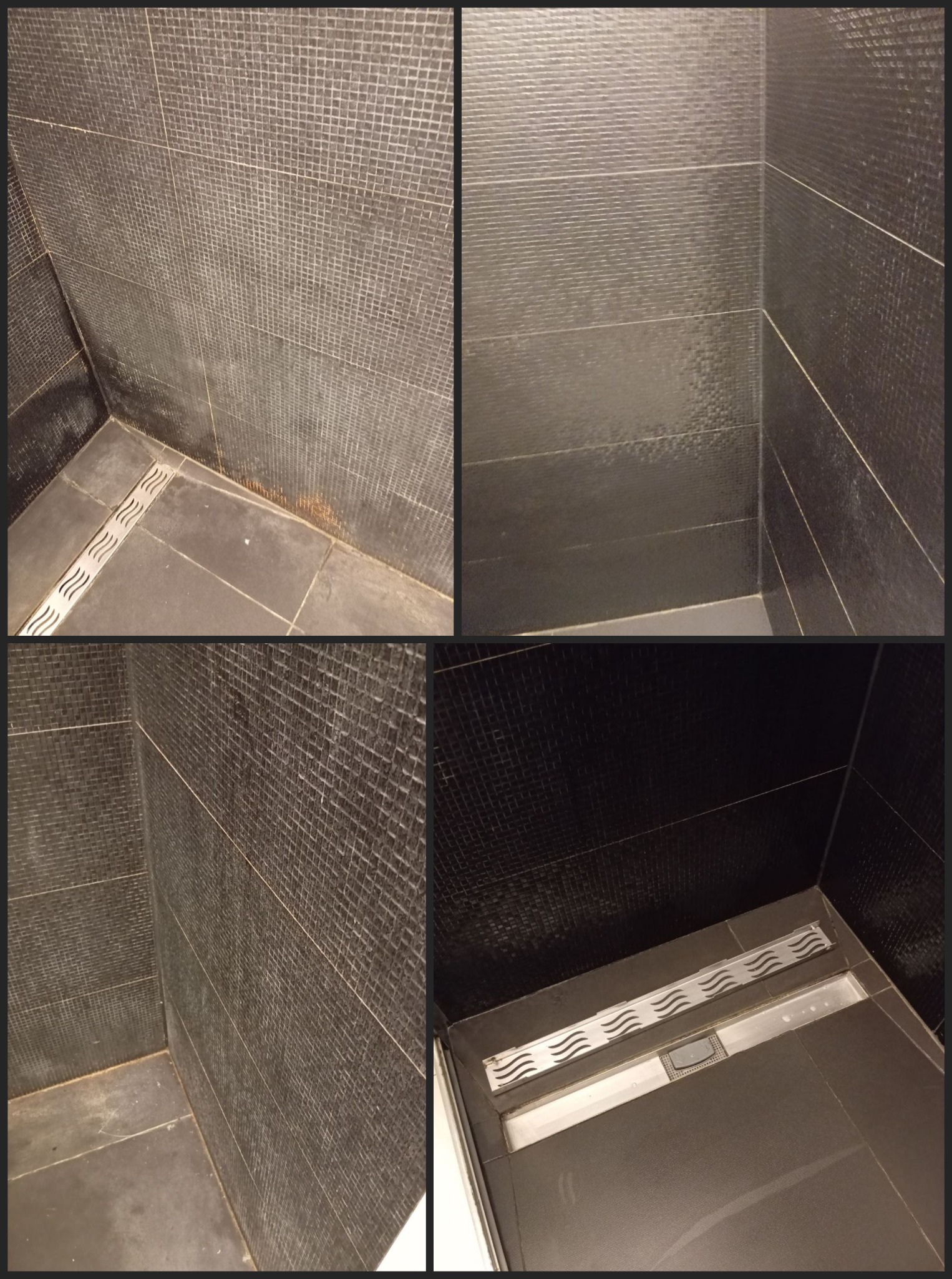 Cztery kadry ciemnej kabiny prysznicowej z odpływem liniowym; mozaika i płytki. Widoczne ślady użytkowania. Prezentacja stanu przed czyszczeniem.
