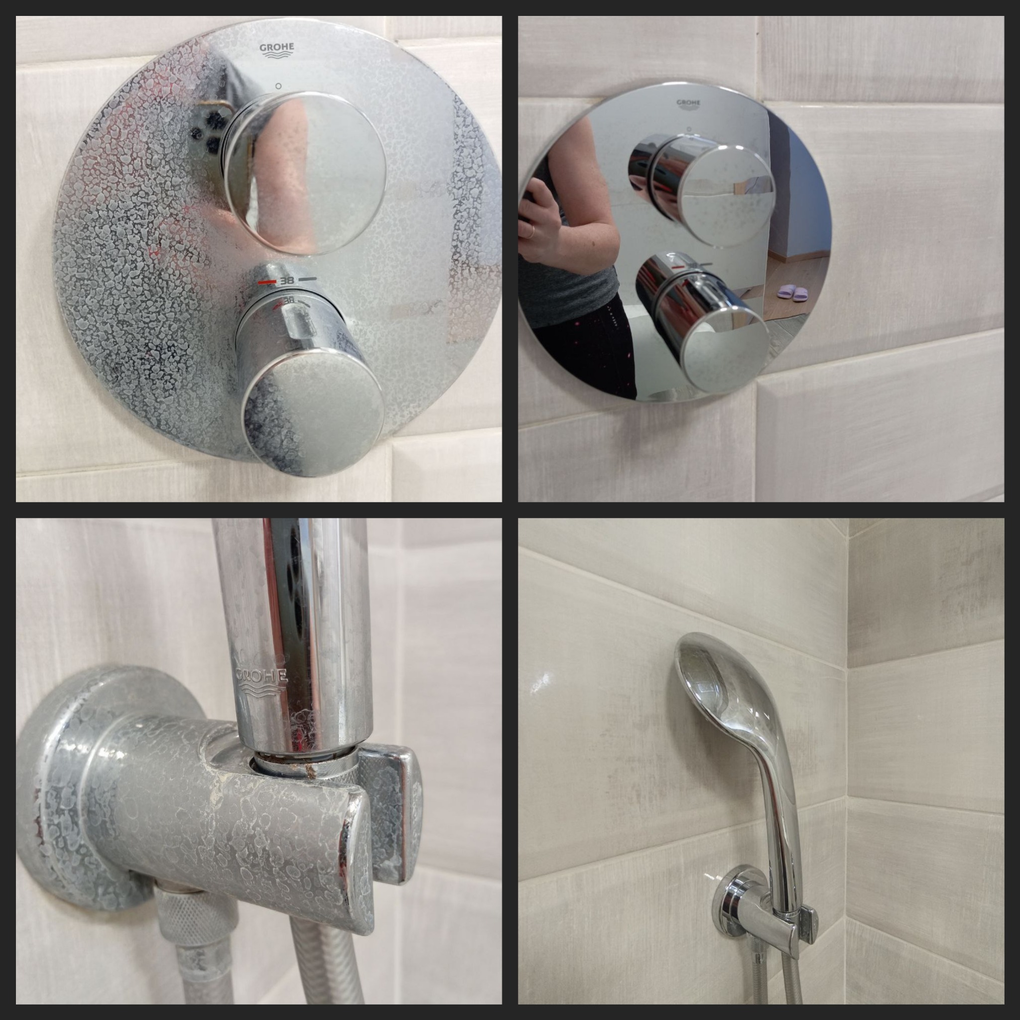 Kafelki i armatura prysznicowa z osadem kamiennym. Zestawienie przed i po czyszczeniu, widoczne odbicie osoby w baterii. Chromowana słuchawka prysznicowa.