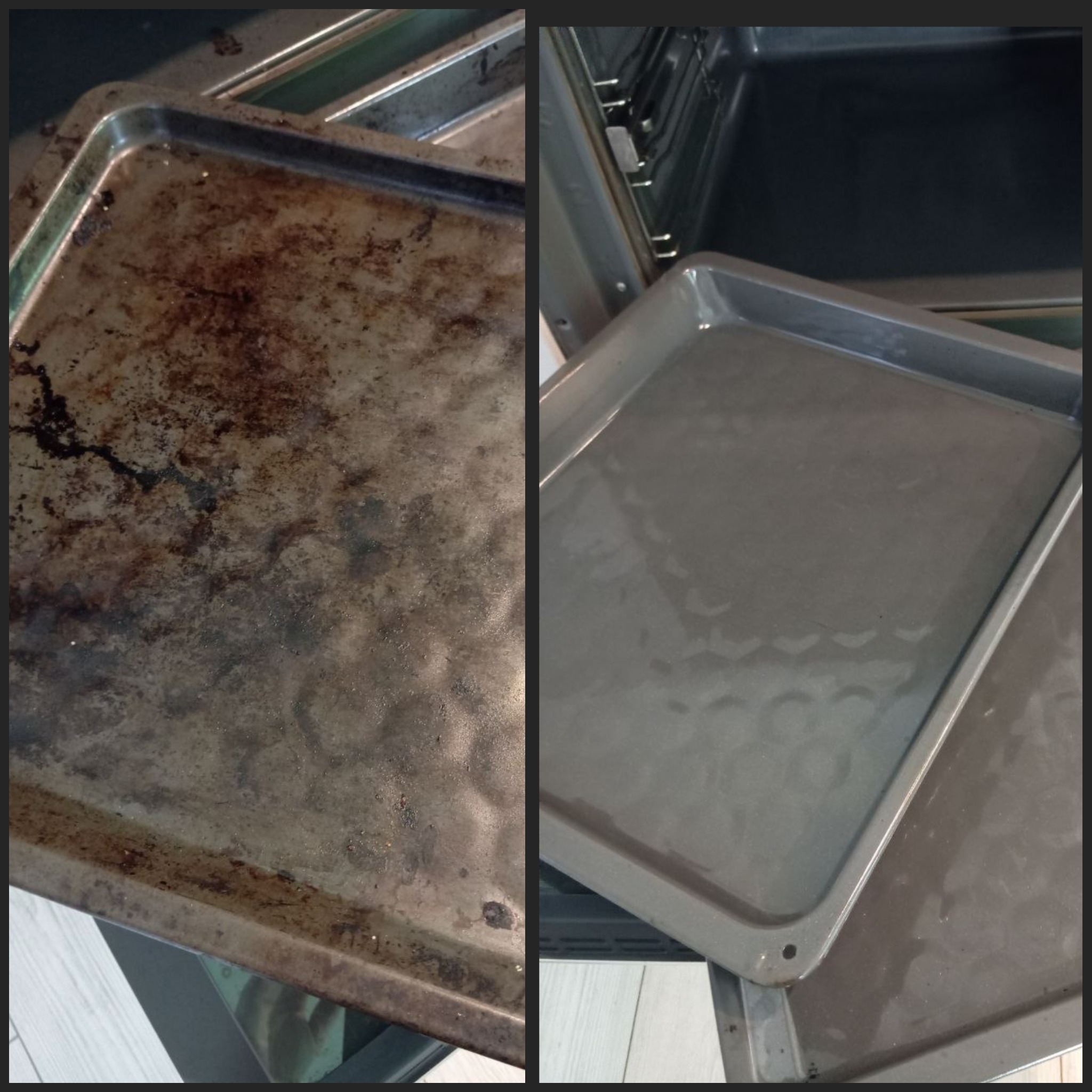 Blacha do pieczenia przed i po czyszczeniu. Po lewej stronie brudna, po prawej czysta, włożona do piekarnika. Widoczny efekt sprzątania.