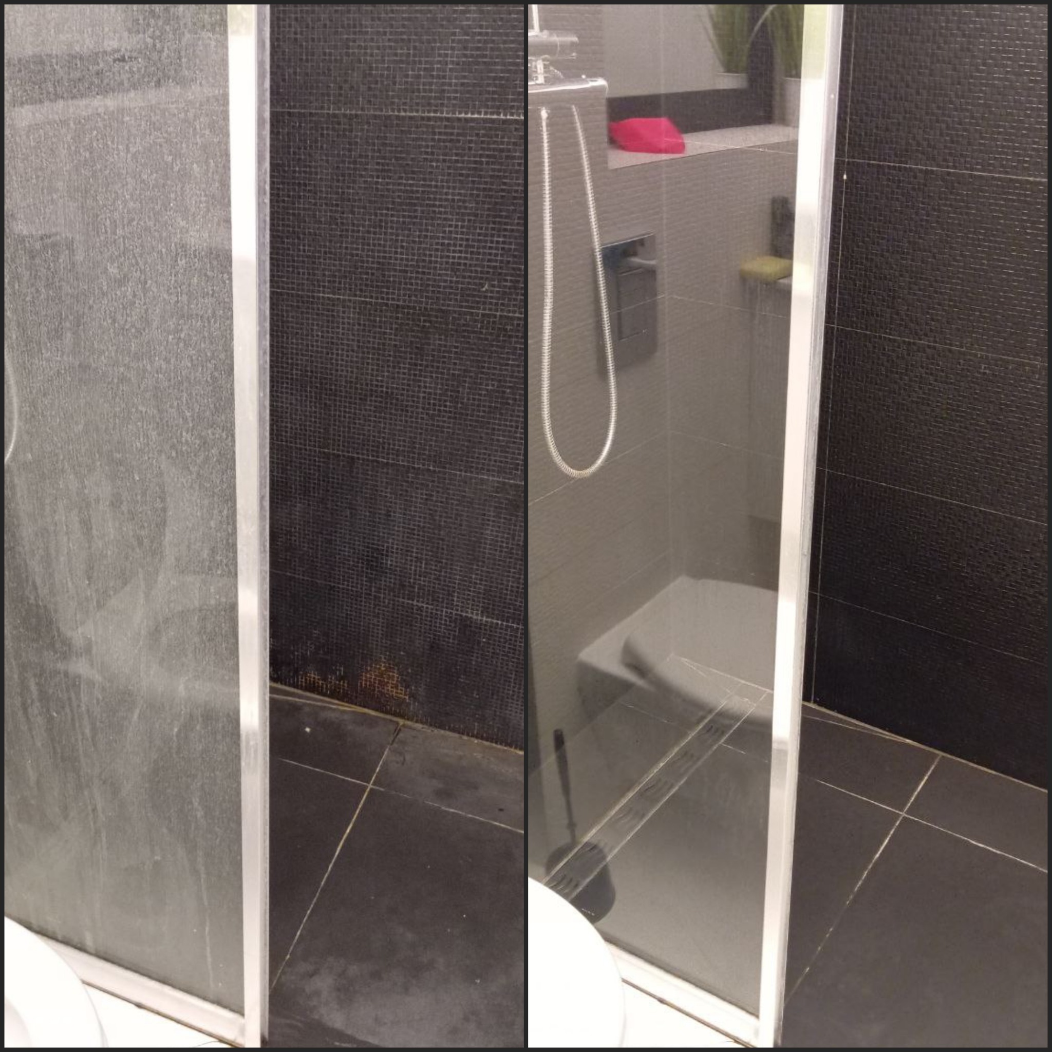 Kabina prysznicowa przed i po czyszczeniu: widoczny kontrast brudnej szyby z lewej strony i lśniącej, wyczyszczonej z prawej, na tle ciemnych płytek.