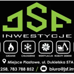Grafika firmy JSF Inwestycje: logo, ikony (woda, grzanie, chłodzenie, wentylacja, roboty ziemne, wyburzenia), adres i numery telefonów na czarnym tle.