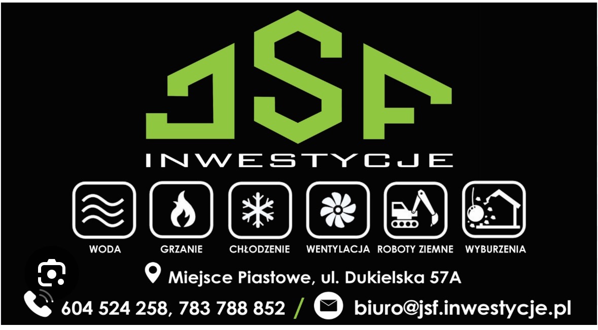 Grafika firmy JSF Inwestycje: logo, ikony (woda, grzanie, chłodzenie, wentylacja, roboty ziemne, wyburzenia), adres i numery telefonów na czarnym tle.