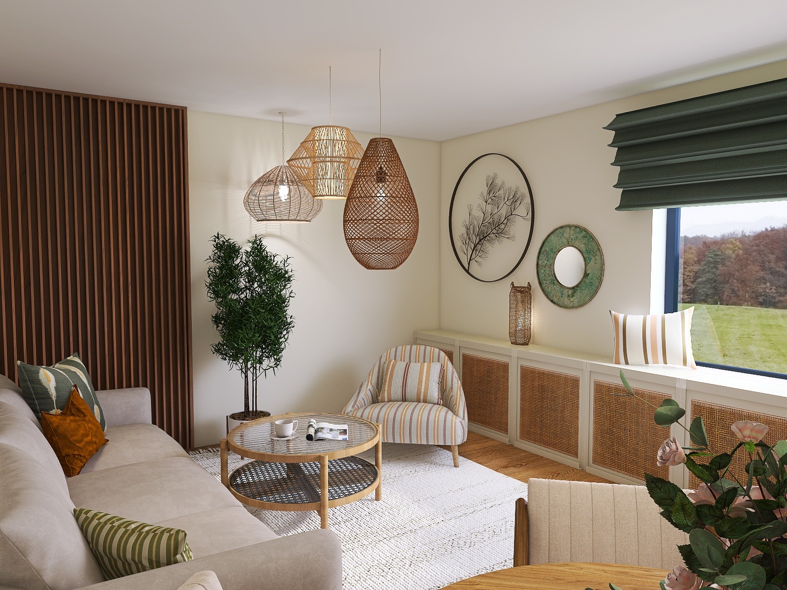 Jasne wnętrze w stylu boho: sofa z poduszkami, okrągły stolik, rattanowe lampy i dekoracje ścienne. Widok na zielony krajobraz przez okno.