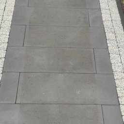 Grzegorz Karabin Czysta Przestrzeń - Świeżo umyta, szara kostka brukowa tworząca ścieżkę z jasnymi obrzeżami. Na powierzchni widoczne ślady wilgoci i fragment węża ciśnieniowego.